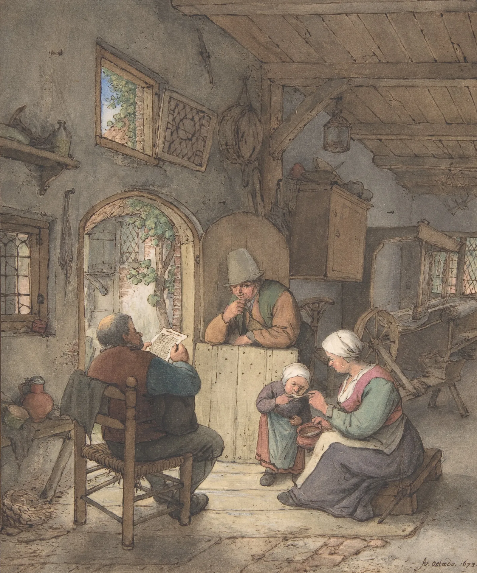 Reading The News At The Weavers Cottage Wall Art by Adriaen van Ostade - Canvas Print