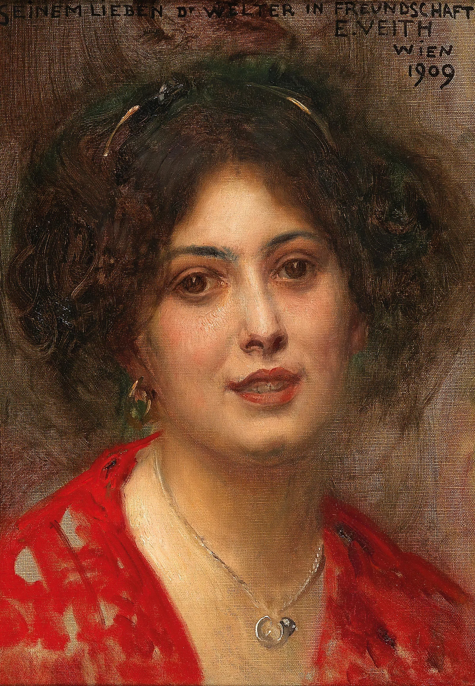 Portrait Of A Young Woman In A Red Dress Wall Art by Eduard Veith - Canvas Print
