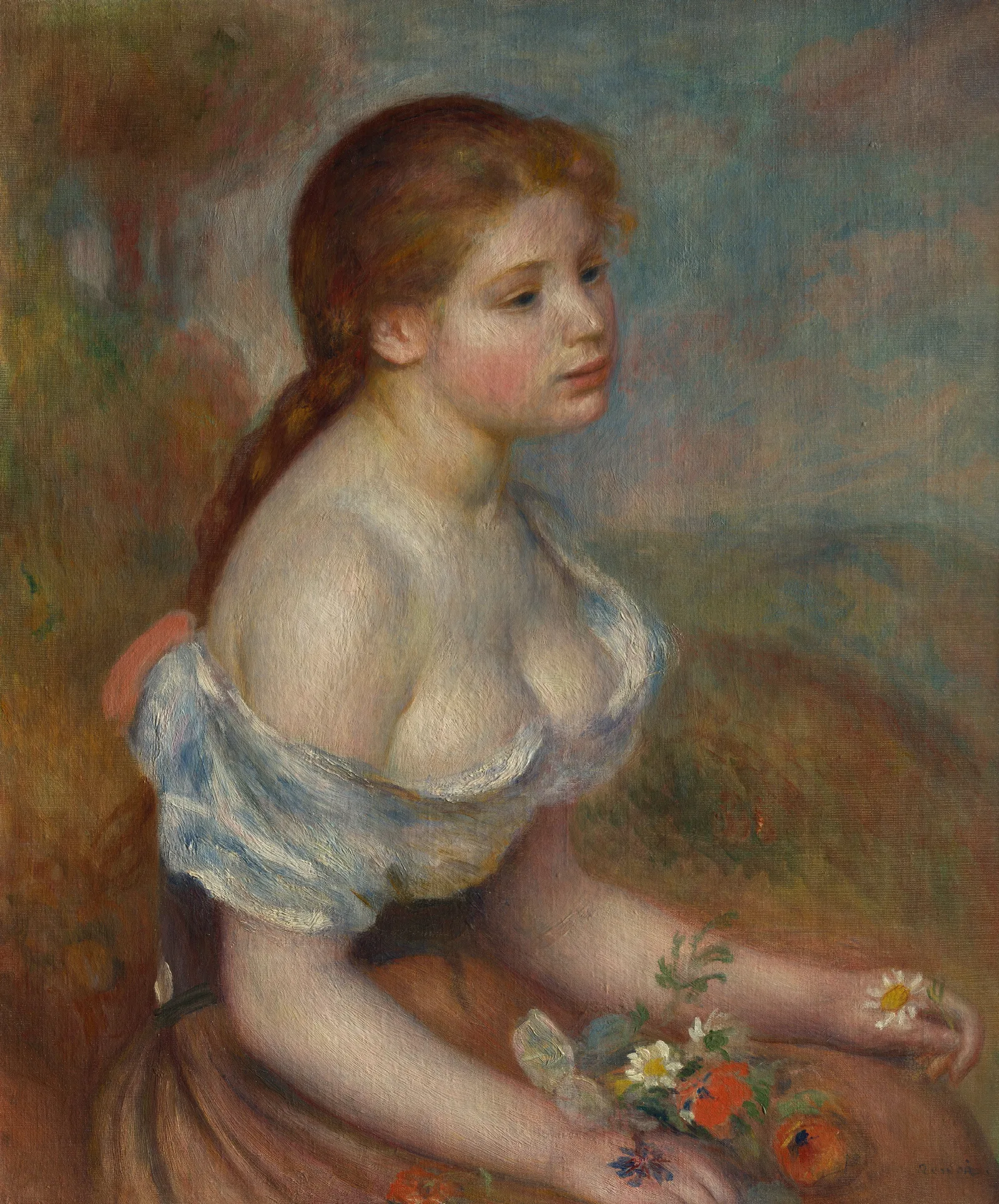 A Young Girl With Daisies Wall Art by Pierre-Auguste Renoir - Canvas Print