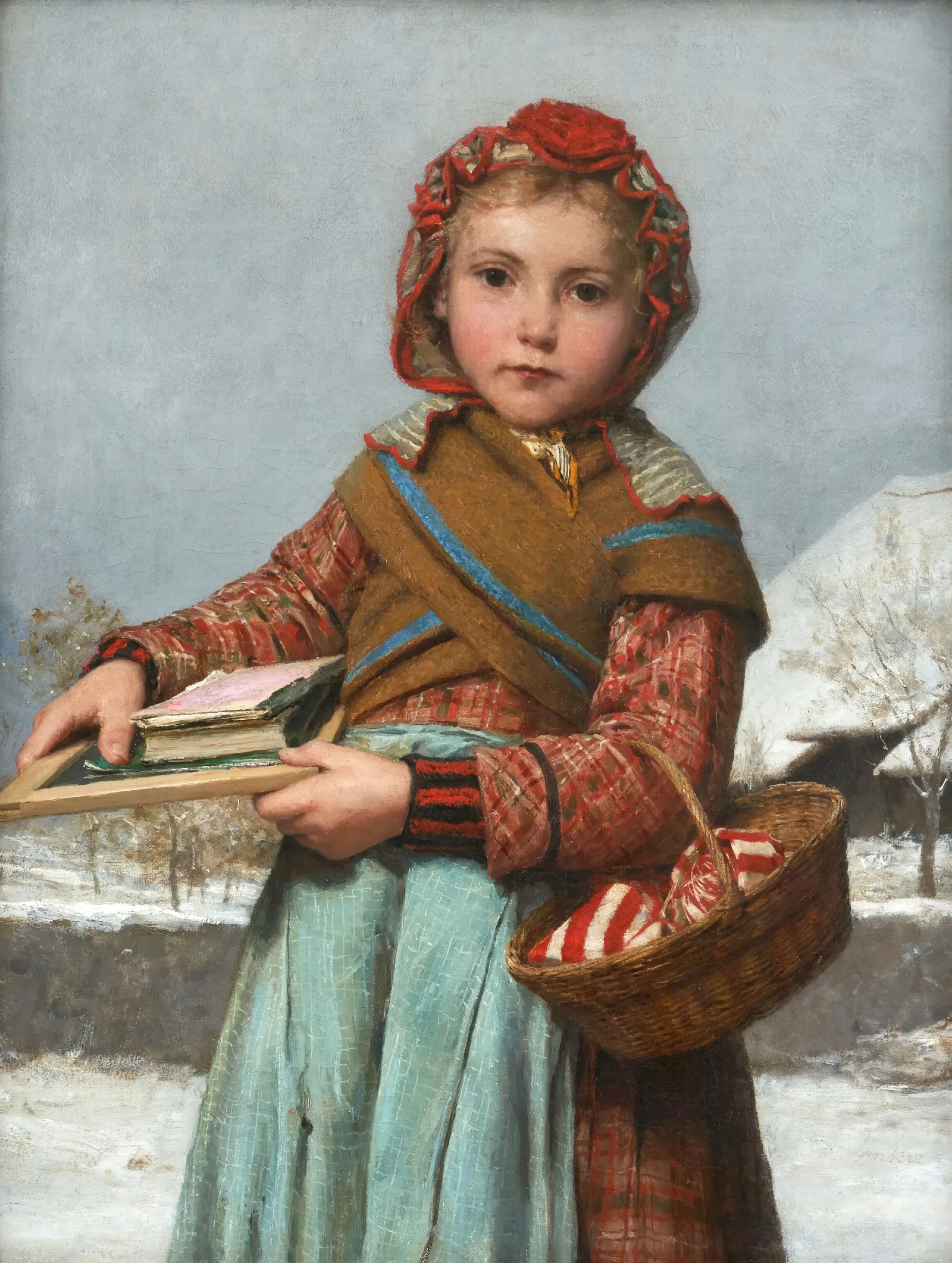 School Girl With Slate Board And Sewing Basket Wall Art by Albert Anker - Canvas Print