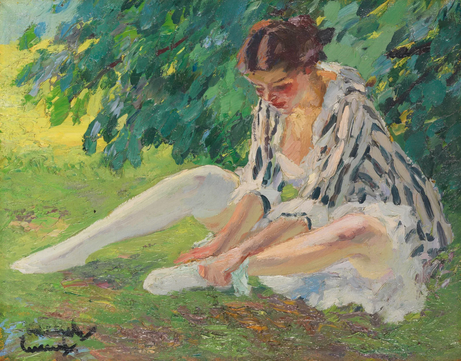 Undressing Sitting In The Grass Wall Art by Edward Cucuel - Canvas Print
