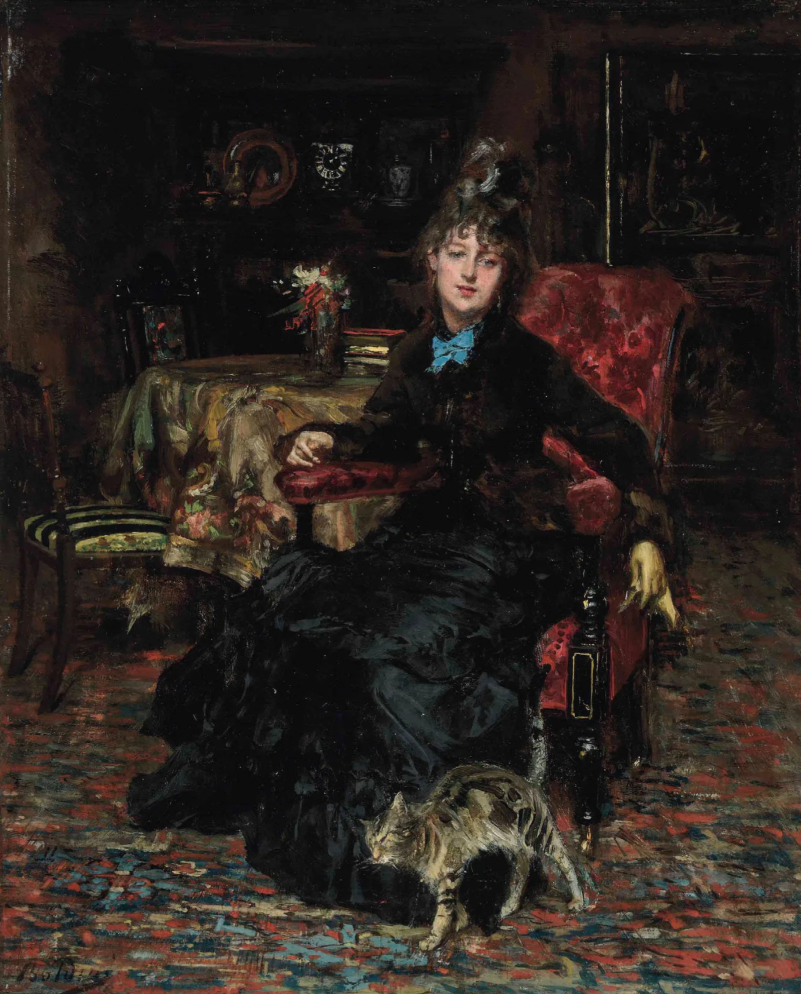 Signora Seduta Con Gatto Wall Art by Giovanni Boldini - Canvas Print