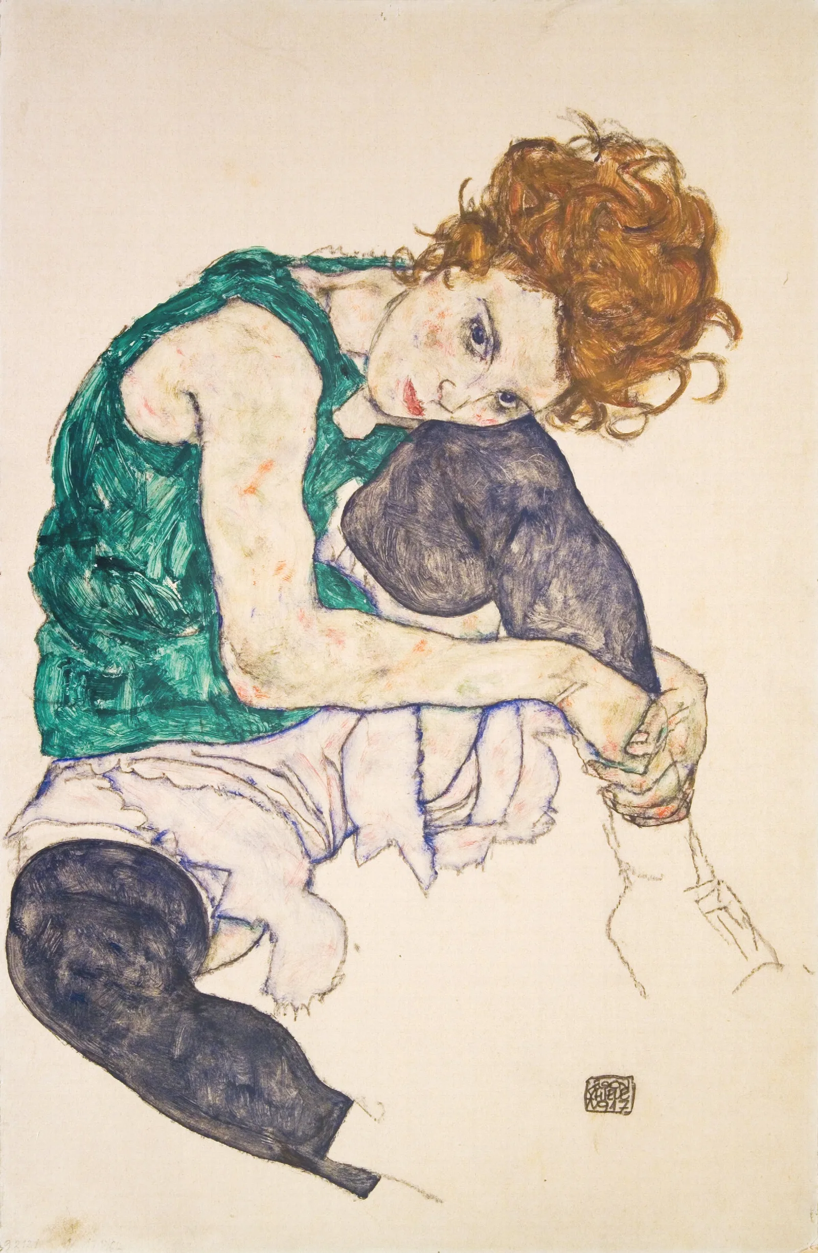 Seated Woman With Bent Knees Adele Herms Wall Art by Egon Schiele - Canvas Print
