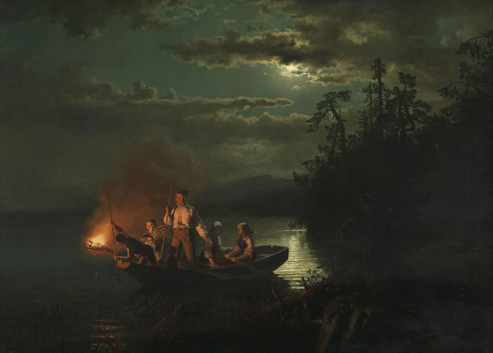 Spear Fishing On Lake Kroderen Wall Art by Adolph Tidemand - Canvas Print