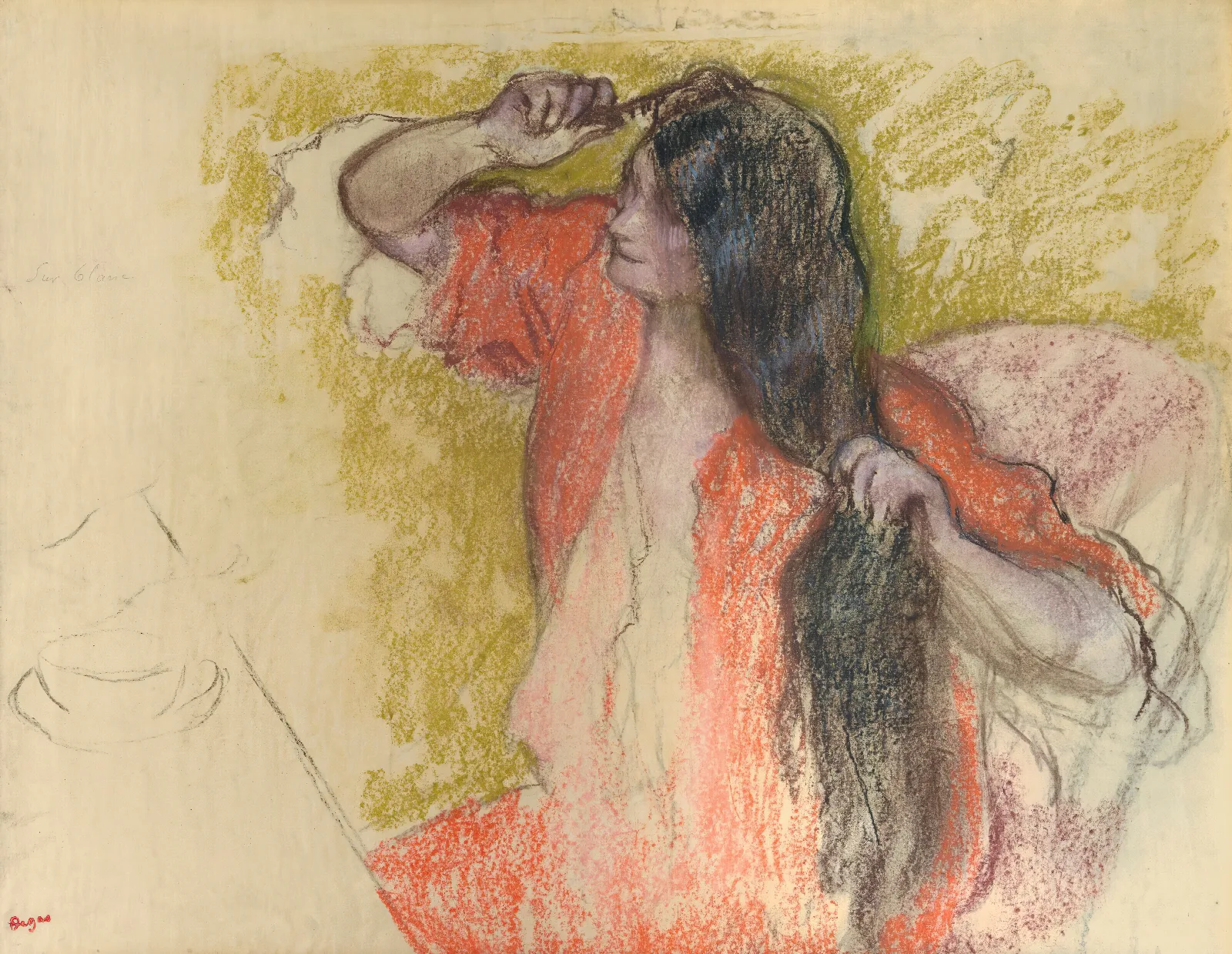 Femme En Peignoir Rouge Se Coiffant Wall Art by Edgar Degas - Canvas Print