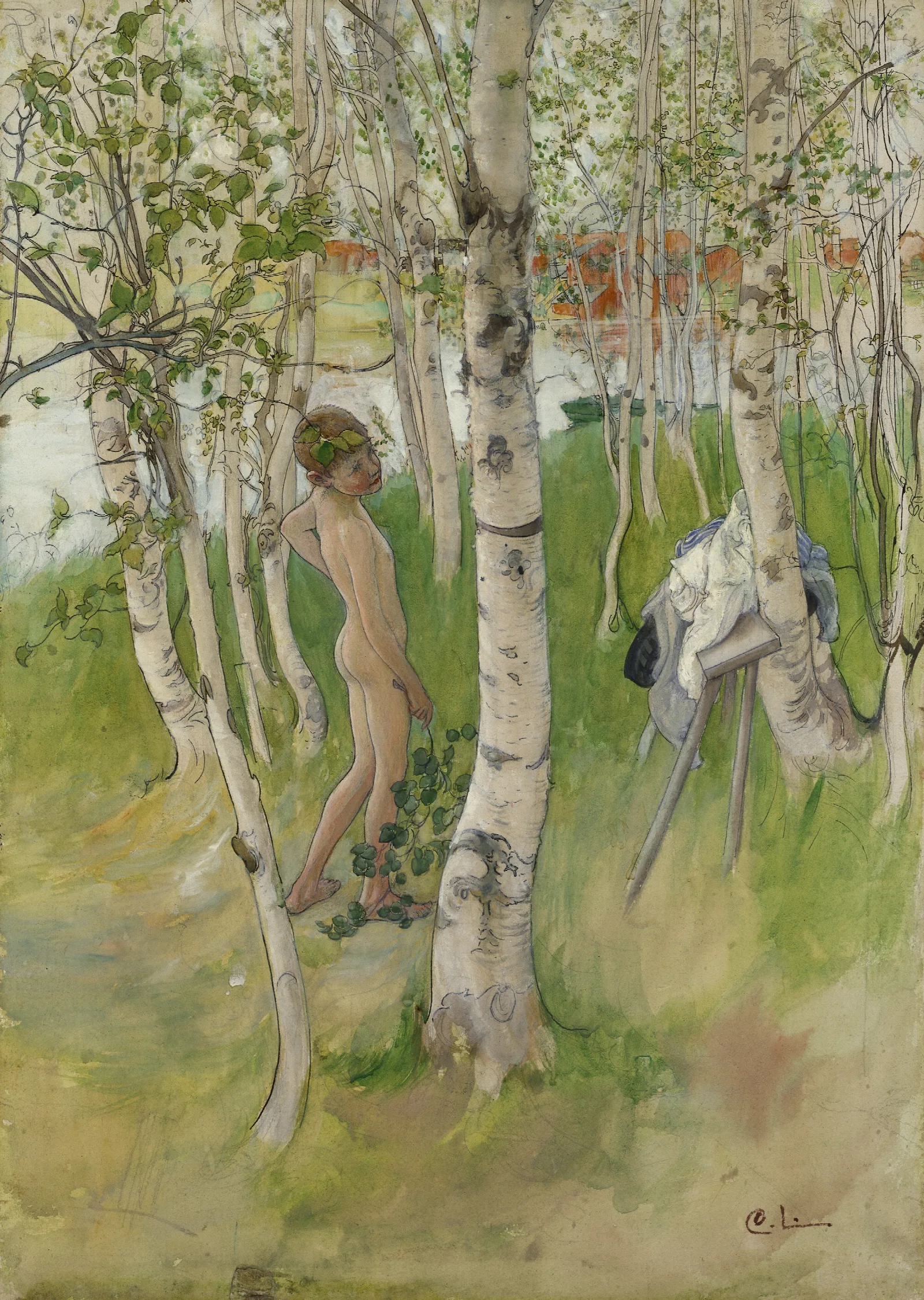 Ulf Nude Boy Among Birches Wall Art by Carl Larsson - Canvas Print