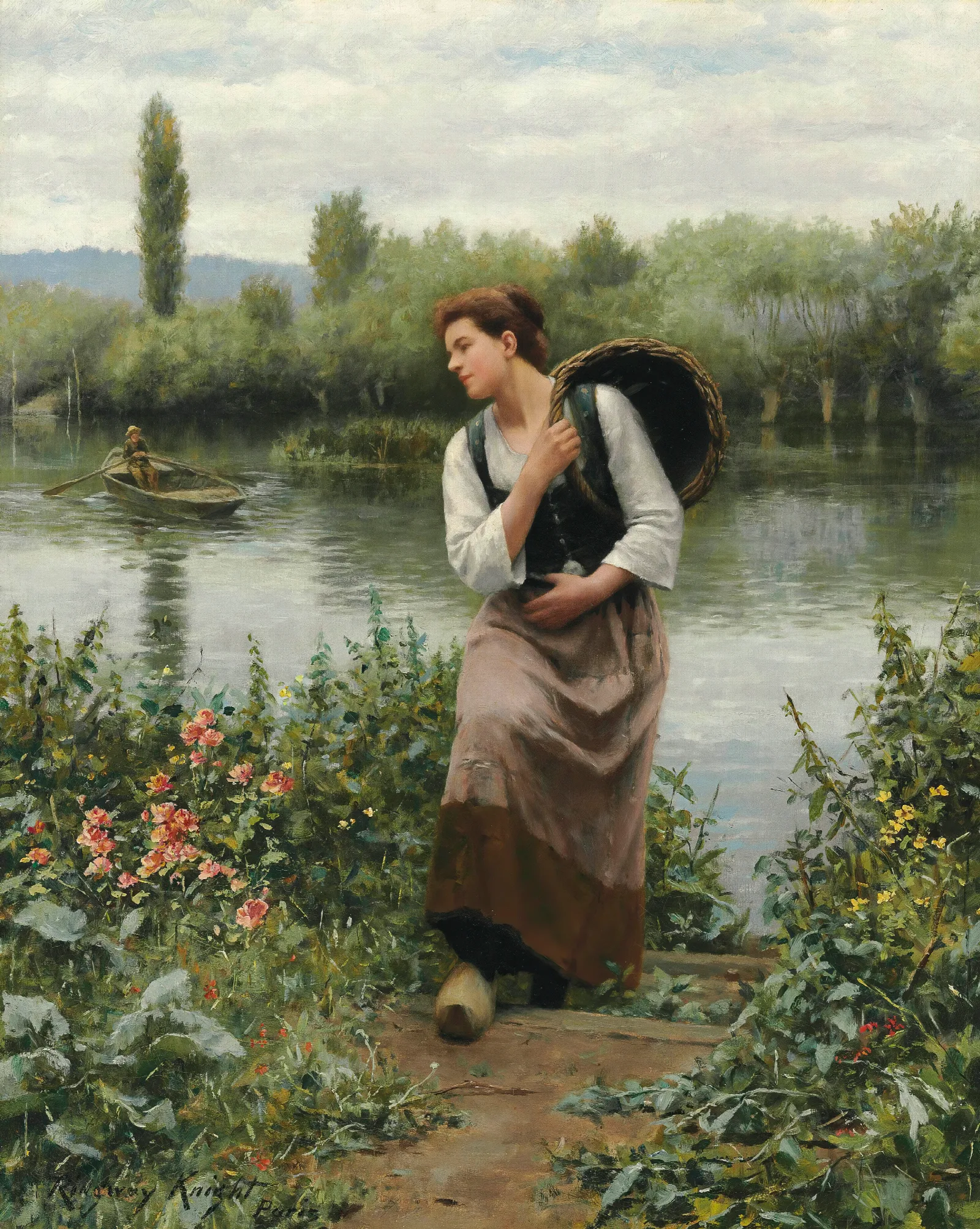 A Woman With A Basket Wall Art by Daniel Ridgway Knight - Canvas Print