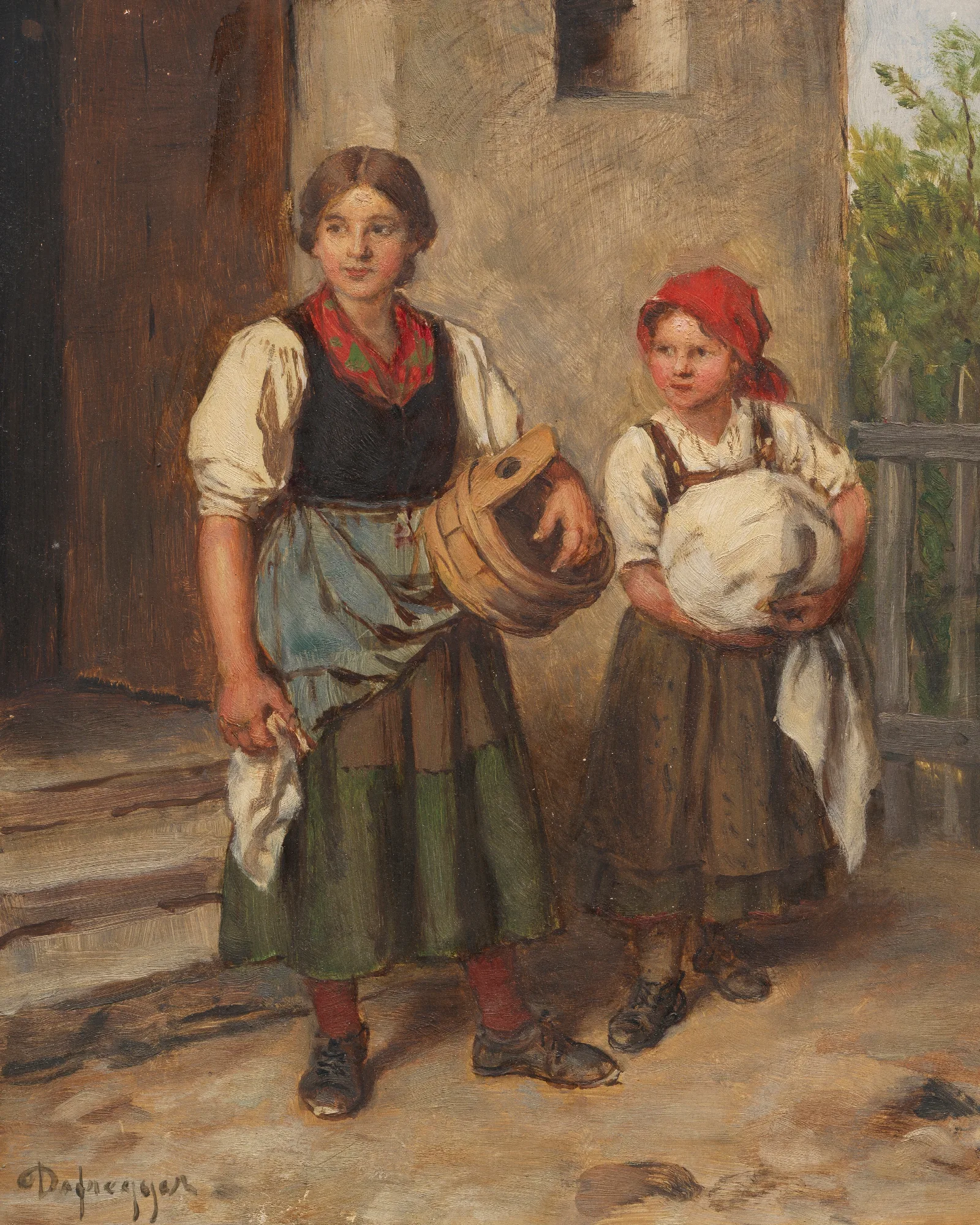 Bauerin Mit Dirndl Vor Dem Waschhaus Wall Art by Franz von Defregger - Canvas Print