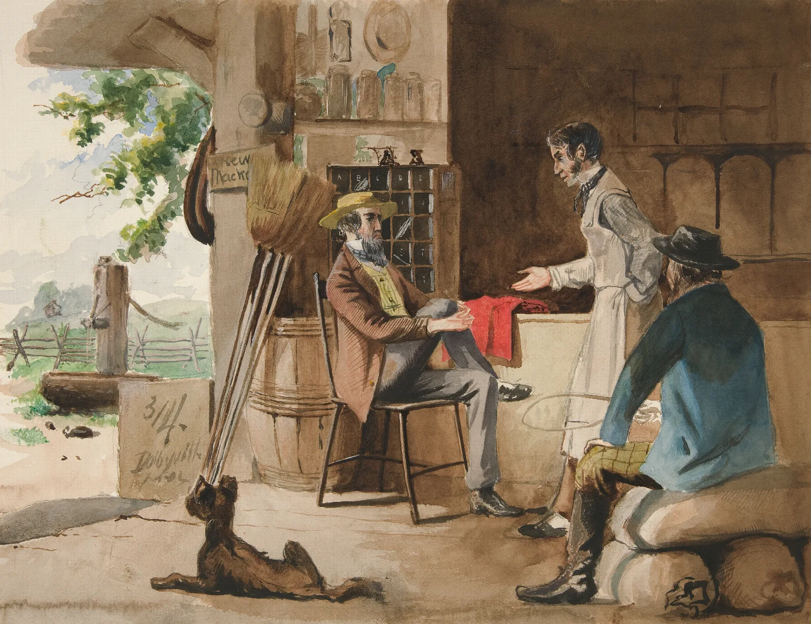 Three Men In A Dry Goods Store Country Store Dolbyville Wall Art by Edwin Austin Abbey - Canvas Print