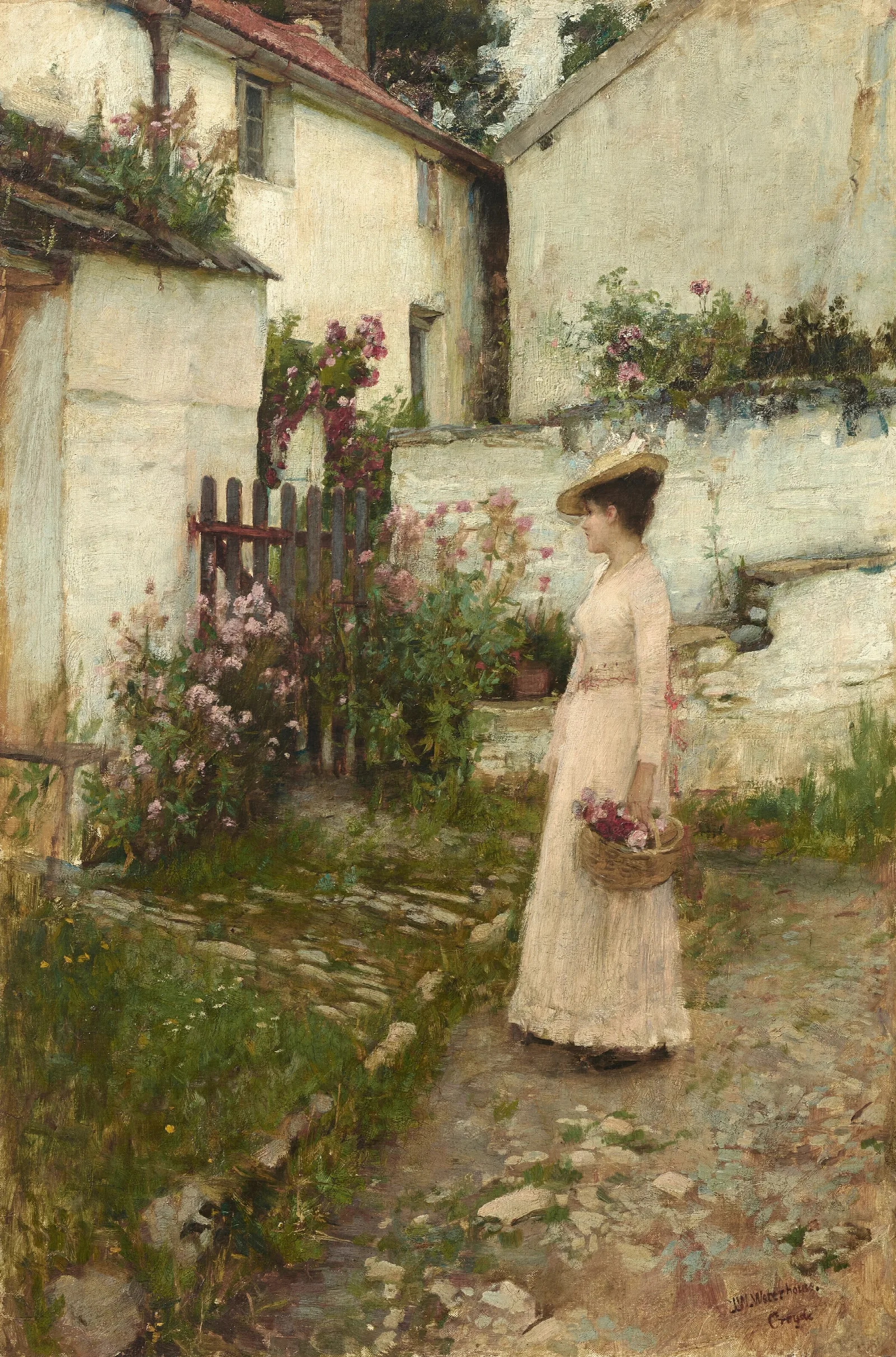 Gathering Flowers In A Devonshire Garden Wall Art by John William Waterhouse - Canvas Print
