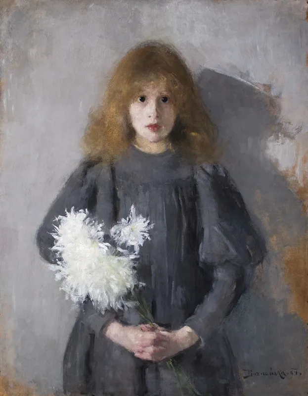 Girl With Chrysanthemums Wall Art by Olga Boznanska - Canvas Print