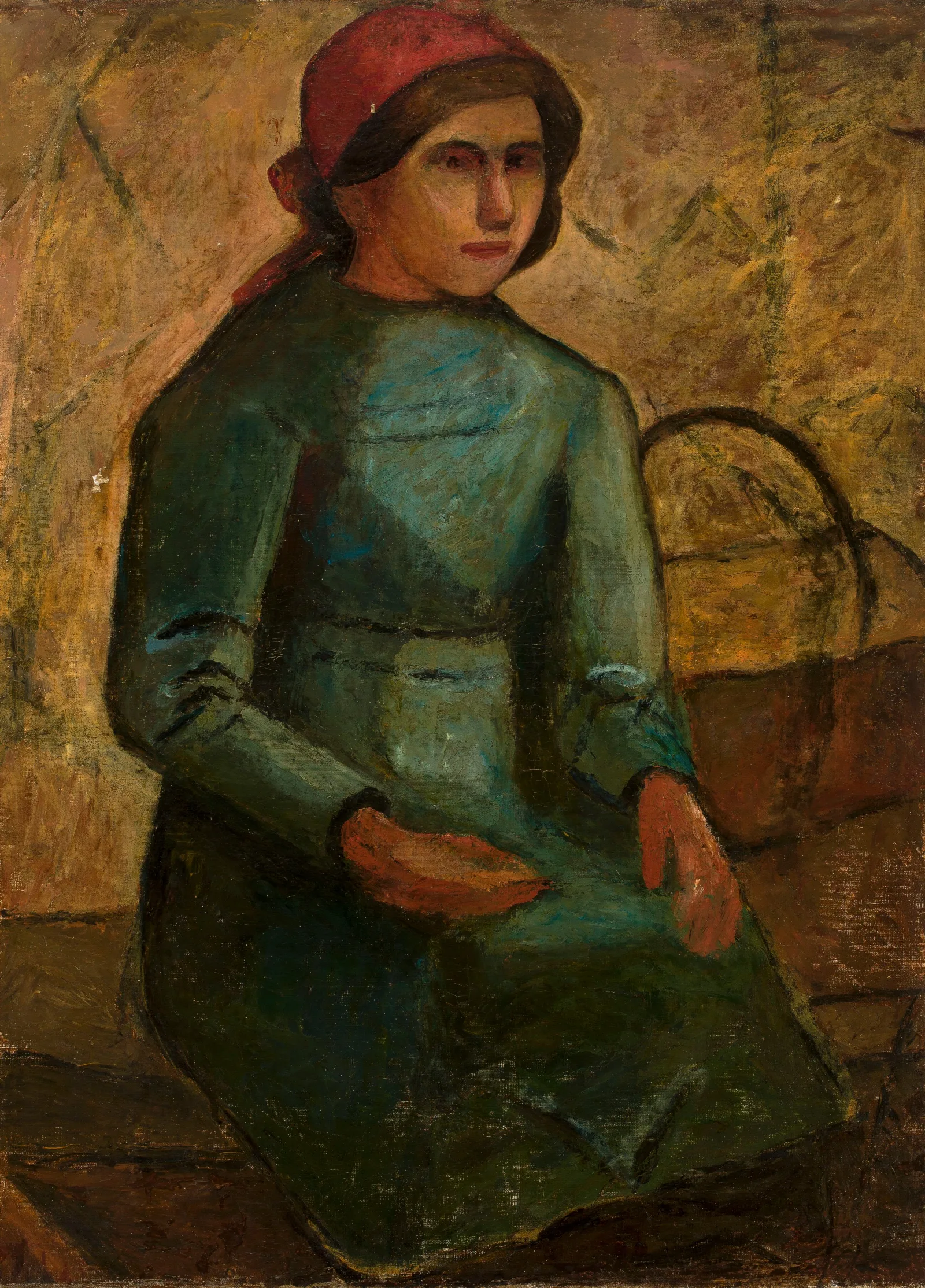 Dziewczyna W Zielonej Sukni Z Koszykiem Wall Art by Tadeusz Makowski - Canvas Print