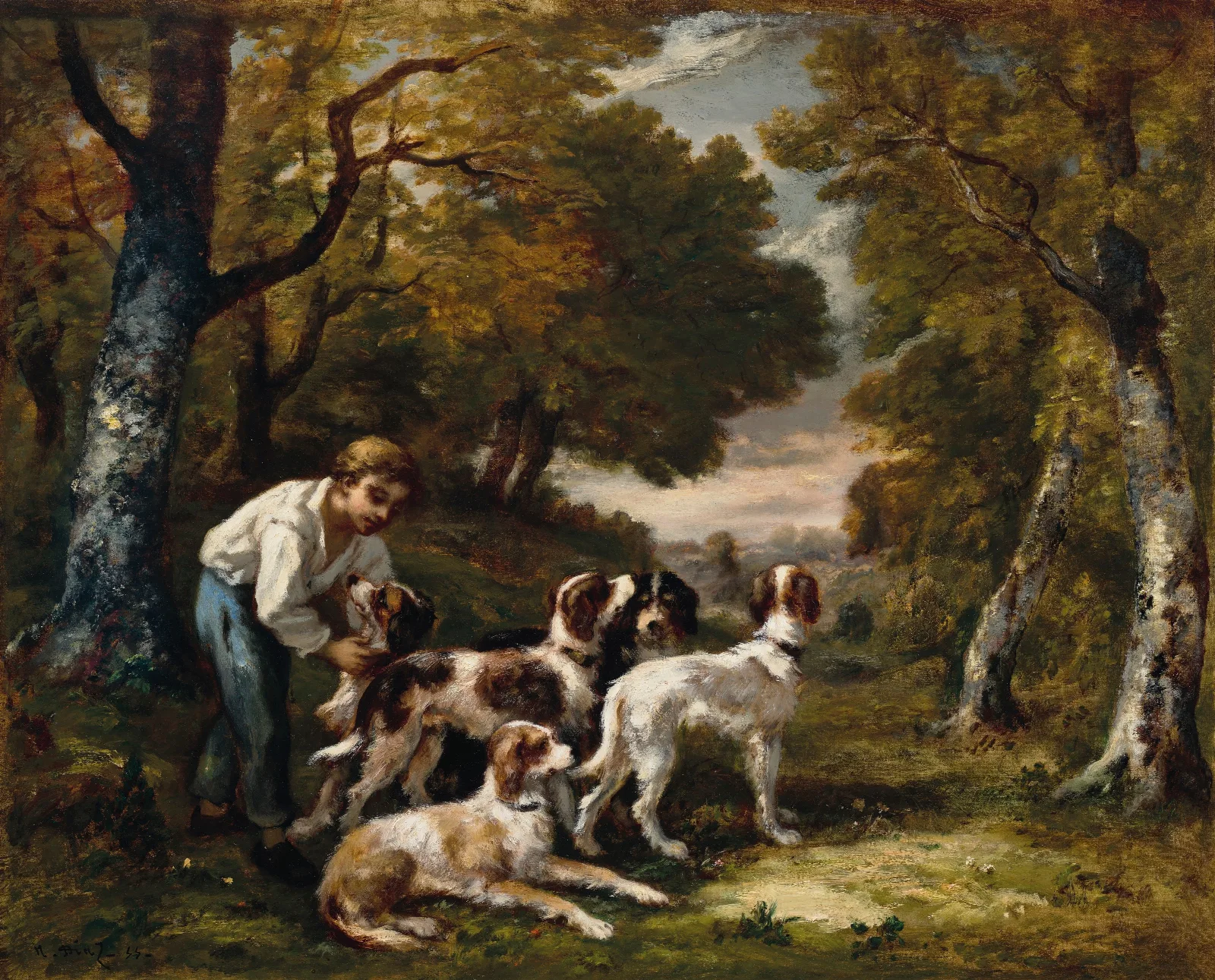 Garcon Et Cinq Chiens En Foret Wall Art by Narcisse-Virgile Diaz de La Peña - Canvas Print