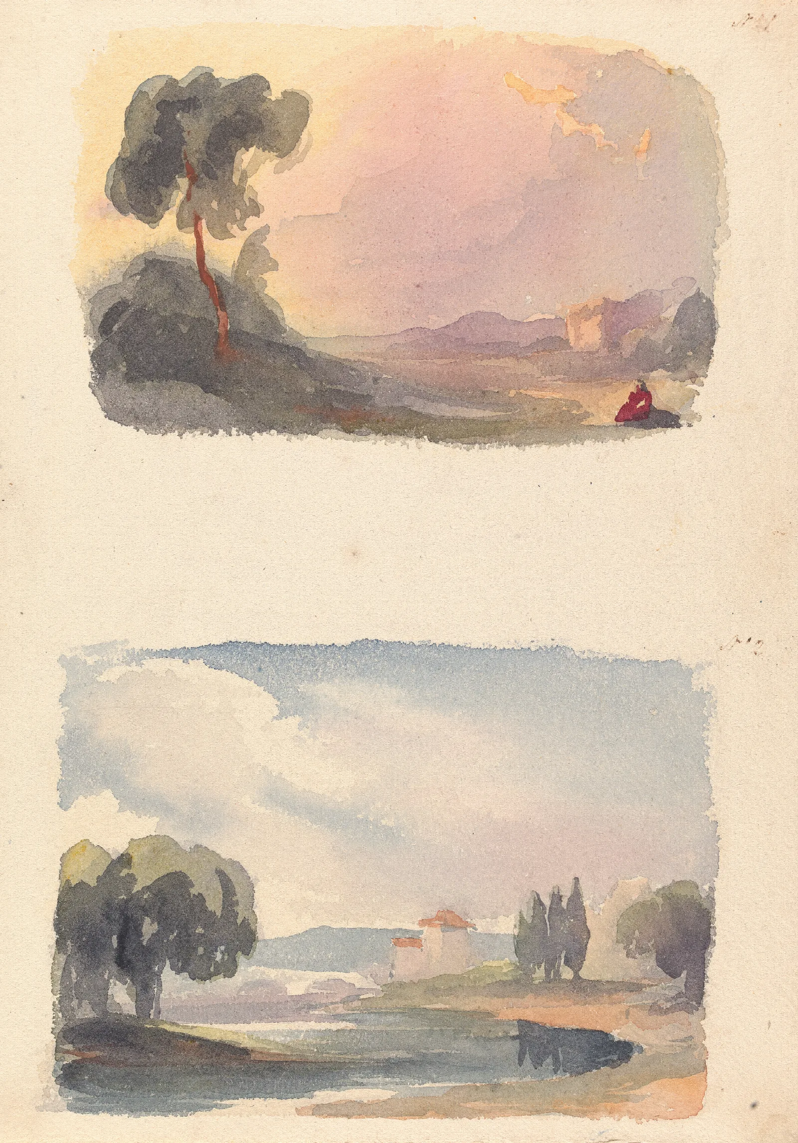 Landscape With Mountains In Distance And Seated Figures In Foreground Landscape With River And Building Mountains In Distance Wall Art by Thomas Sully - Canvas Print
