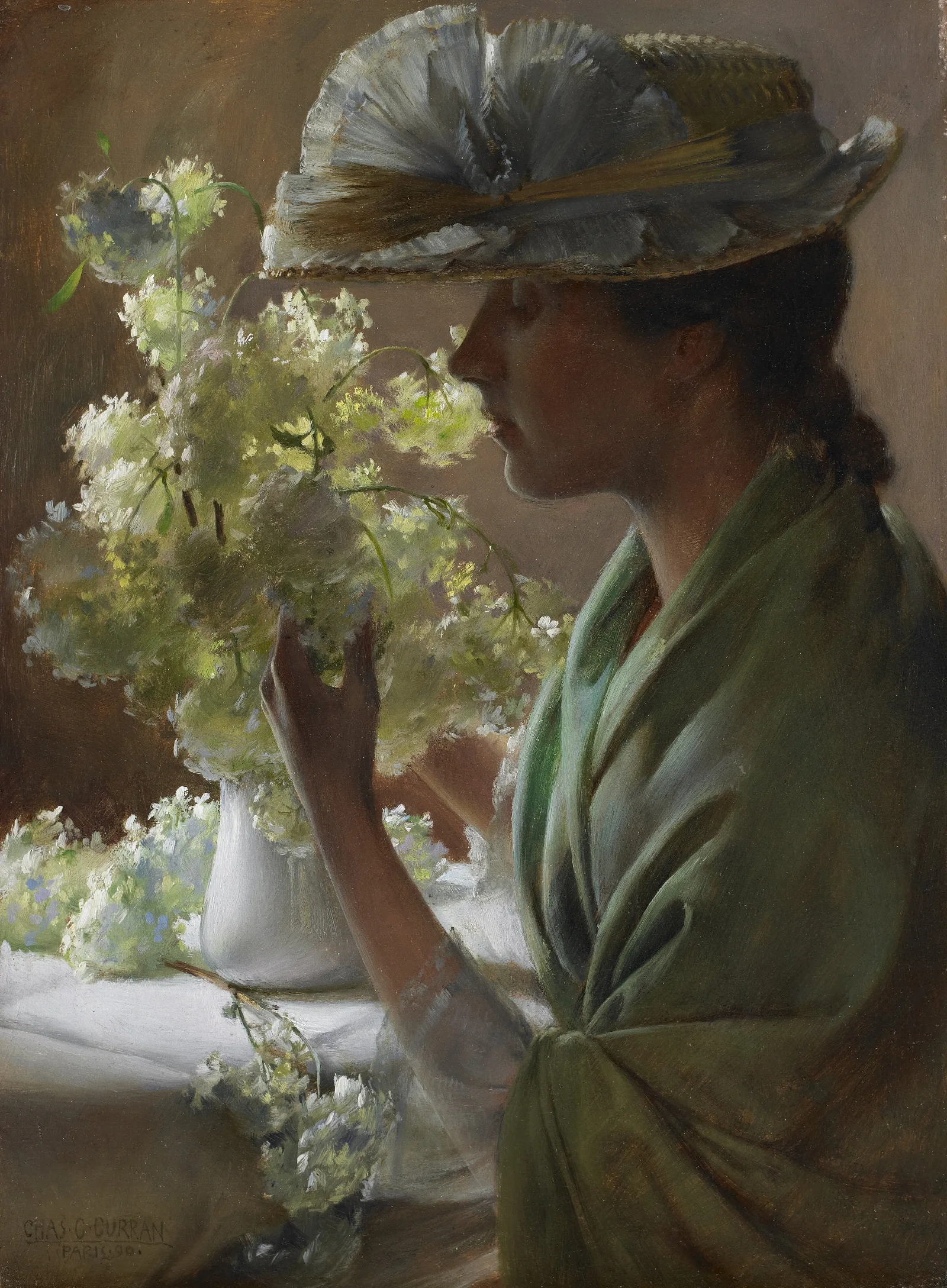 Lady With A Bouquet Snowballs Wall Art by Charles Courtney Curran - Canvas Print