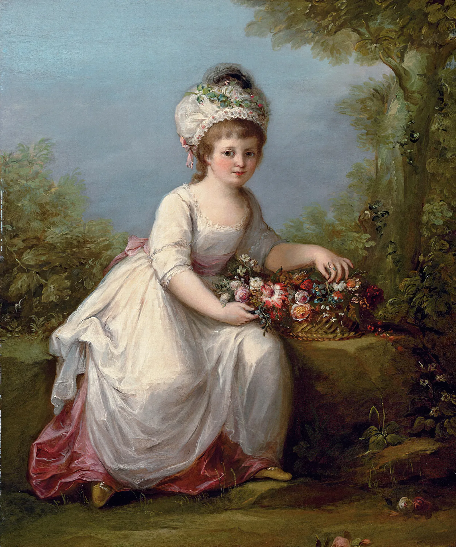 Portrait Of A Young Girl Full Length Seated In A White Dress With A Basket Of Flowers In A Landscape Wall Art by Angelica Kauffmann - Canvas Print
