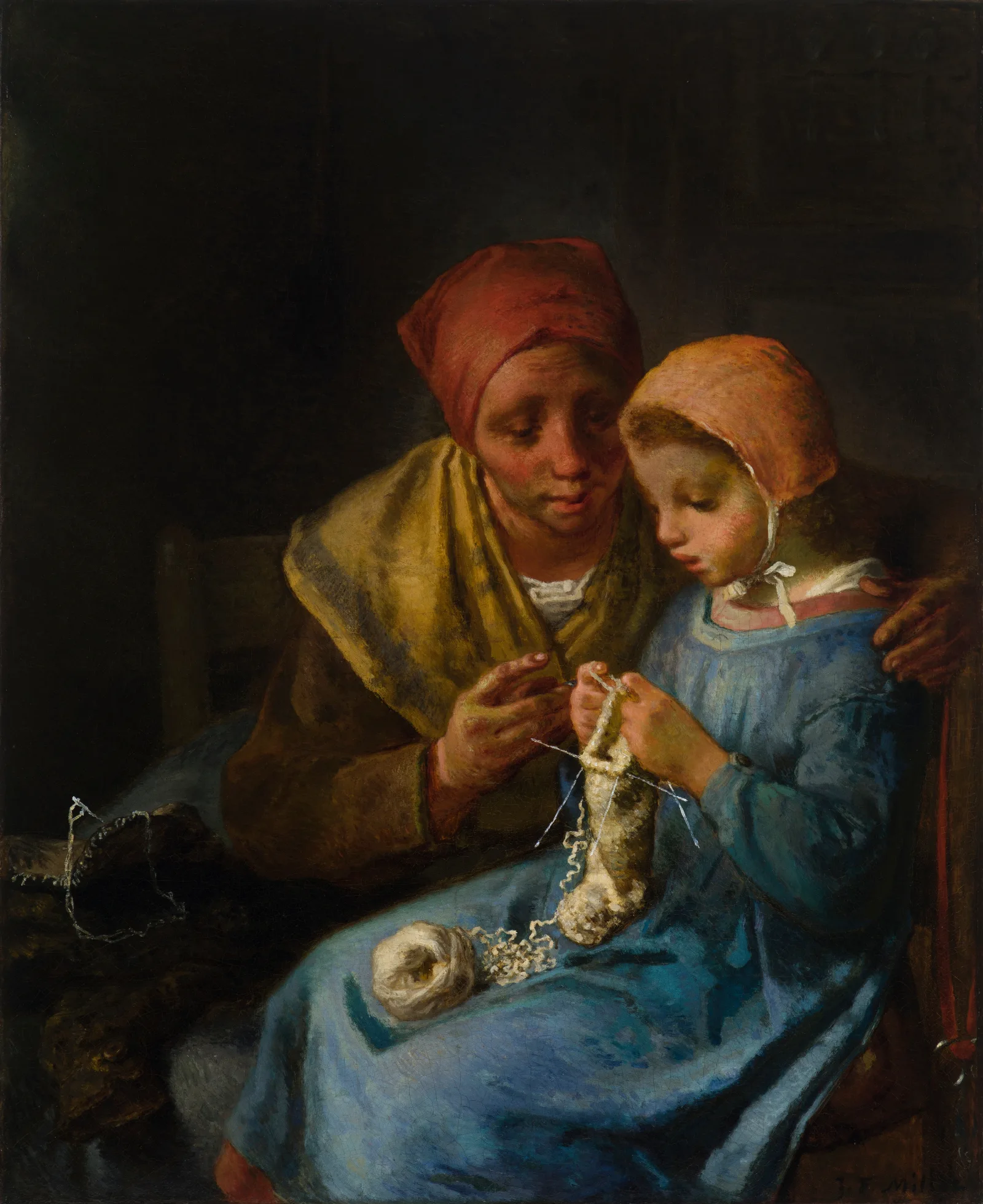 The Knitting Lesson Wall Art by Jean-François Millet - Canvas Print