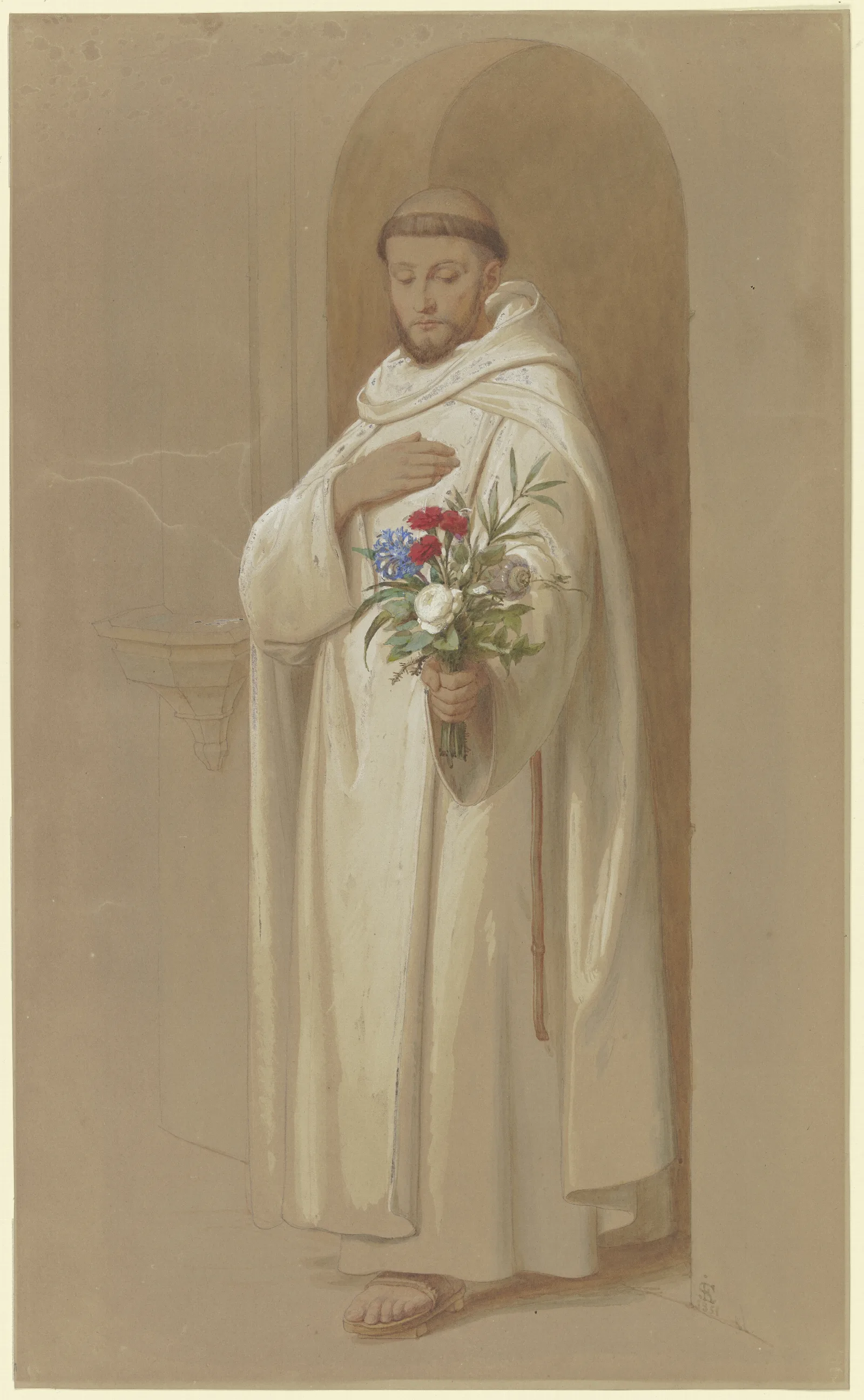 Kartausermonch Mit Einem Straus Symbolischer Blumen Wall Art by Eduard von Steinle - Canvas Print