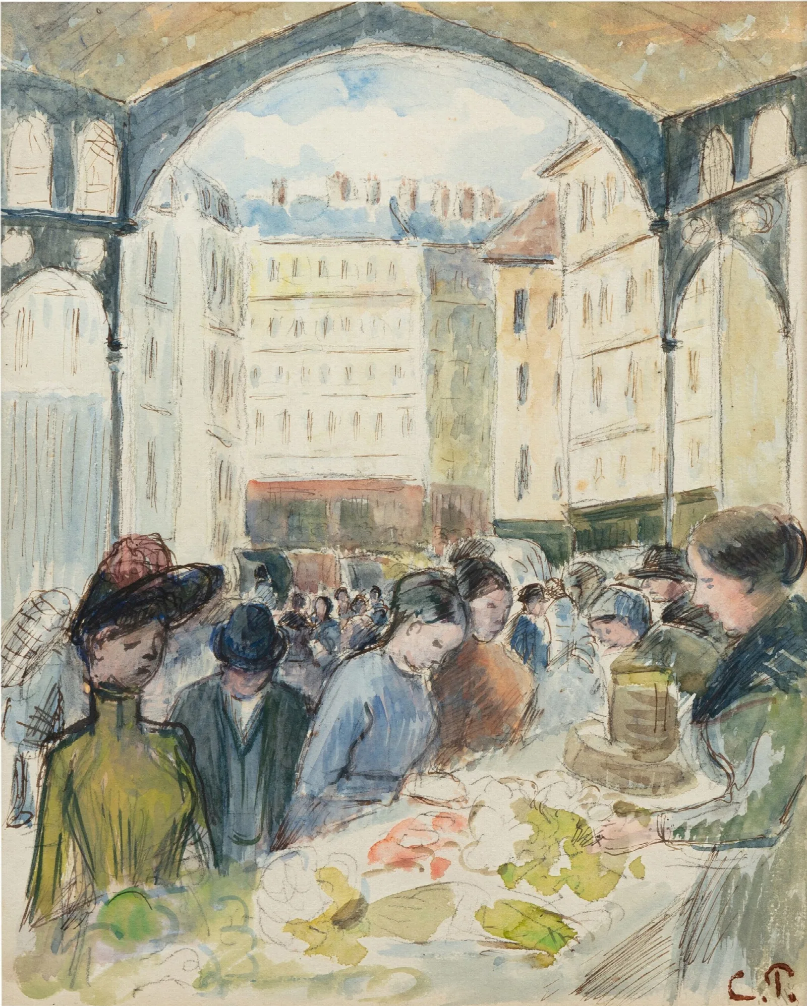 Les Halles Centrales Le Marche Aux Legumes Wall Art by Camille Pissarro - Canvas Print