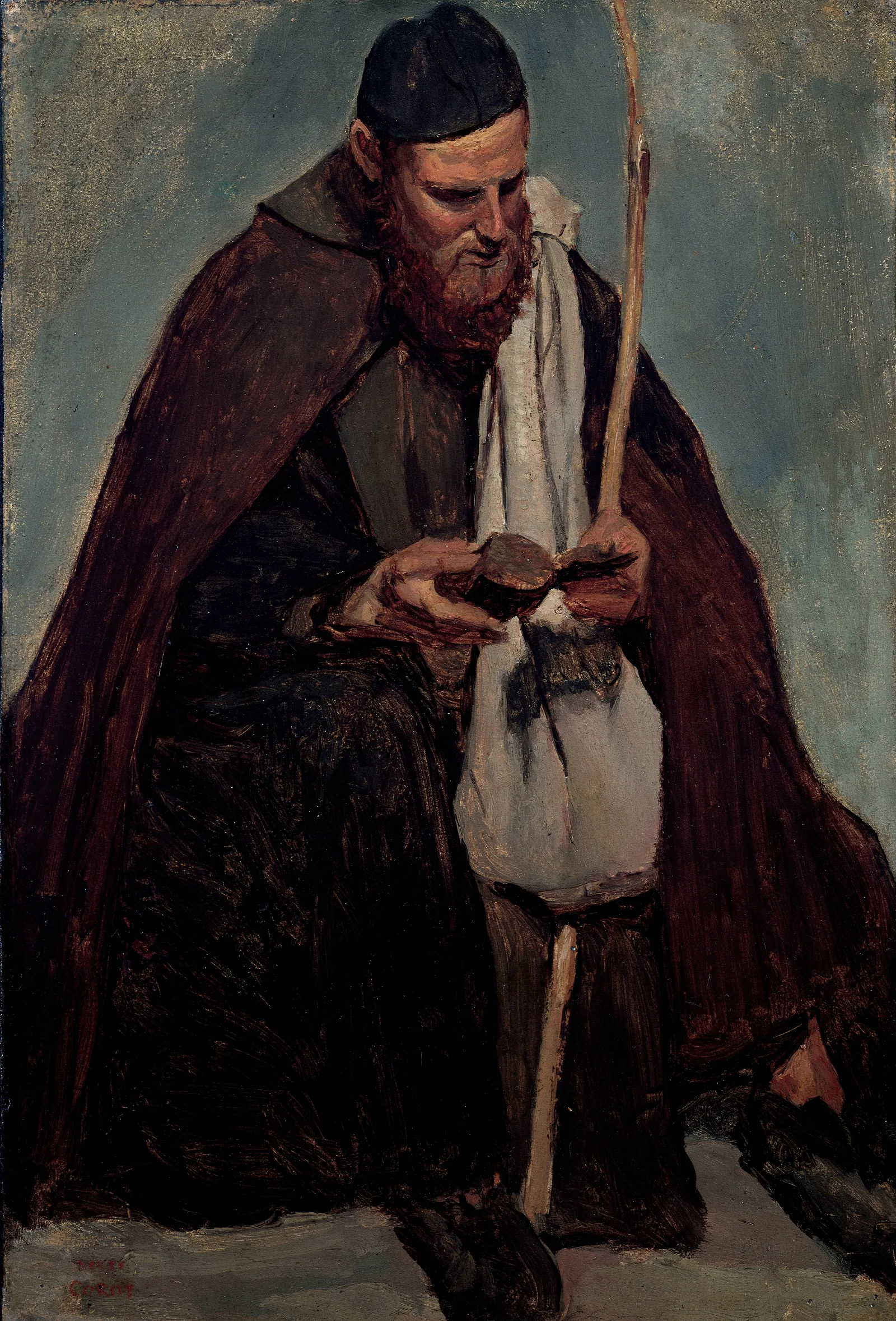 Moine Italien Assis Lisant Seated Italian Monk Reading Wall Art by Jean-Baptiste-Camille Corot - Canvas Print