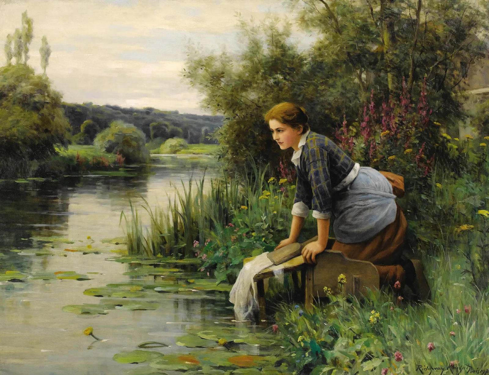 Laundress By The Waters Edge Wall Art by Daniel Ridgway Knight - Canvas Print