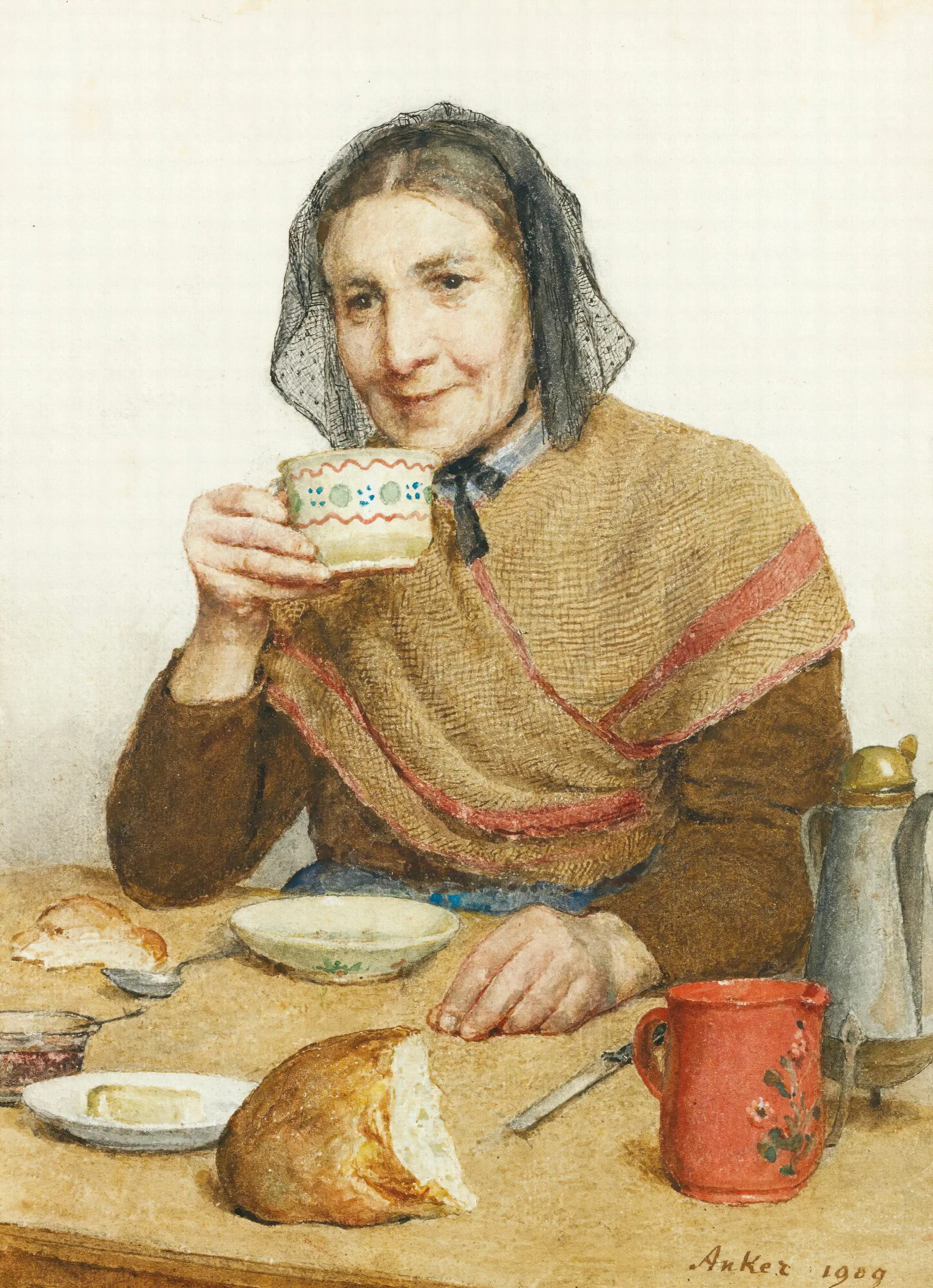 Sitting Peasant Woman Holding A Cup In Her Hand Wall Art by Albert Anker - Canvas Print