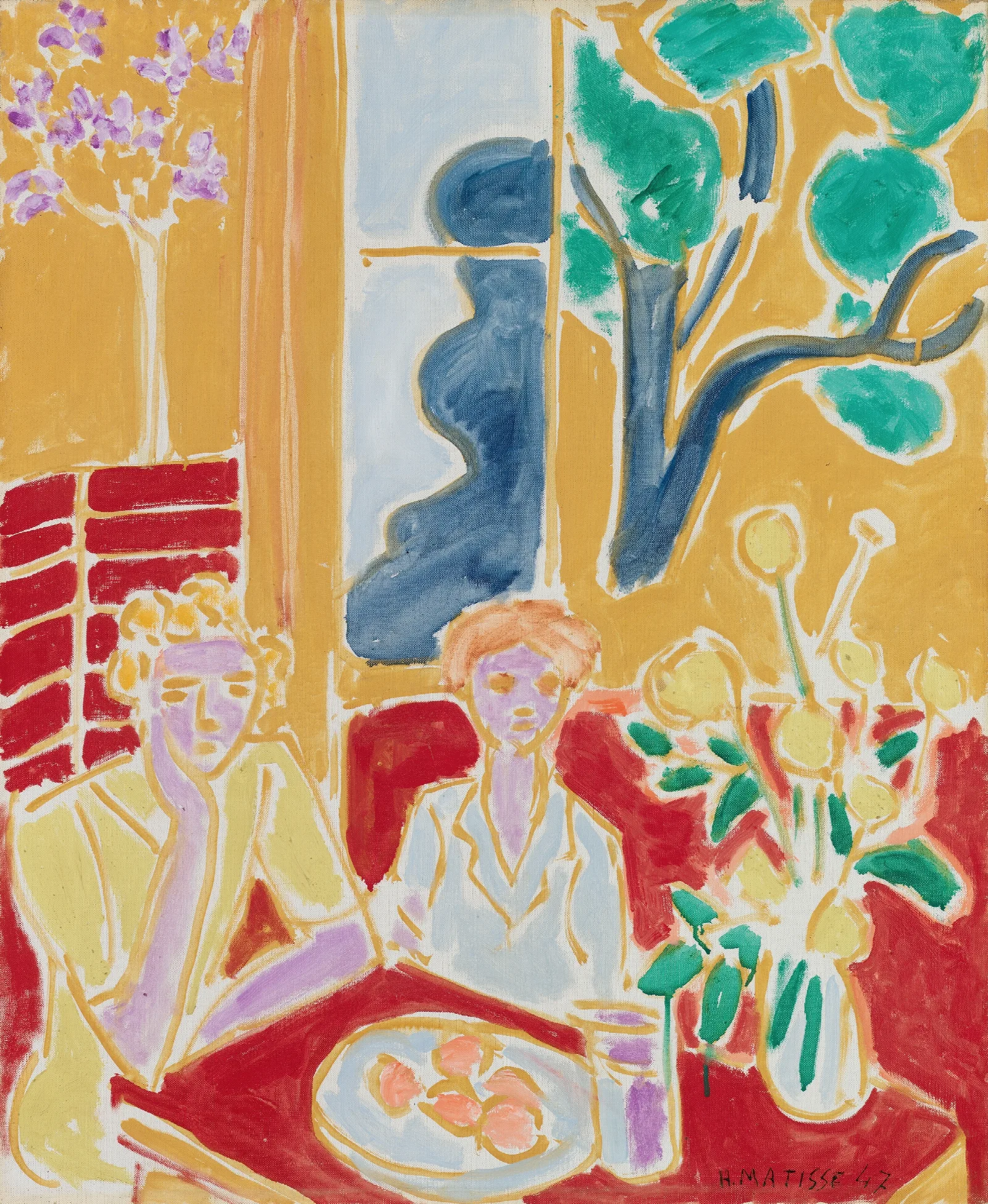 Deux Fillettes Fond Jaune Et Rouge Wall Art by Henri Matisse - Canvas Print