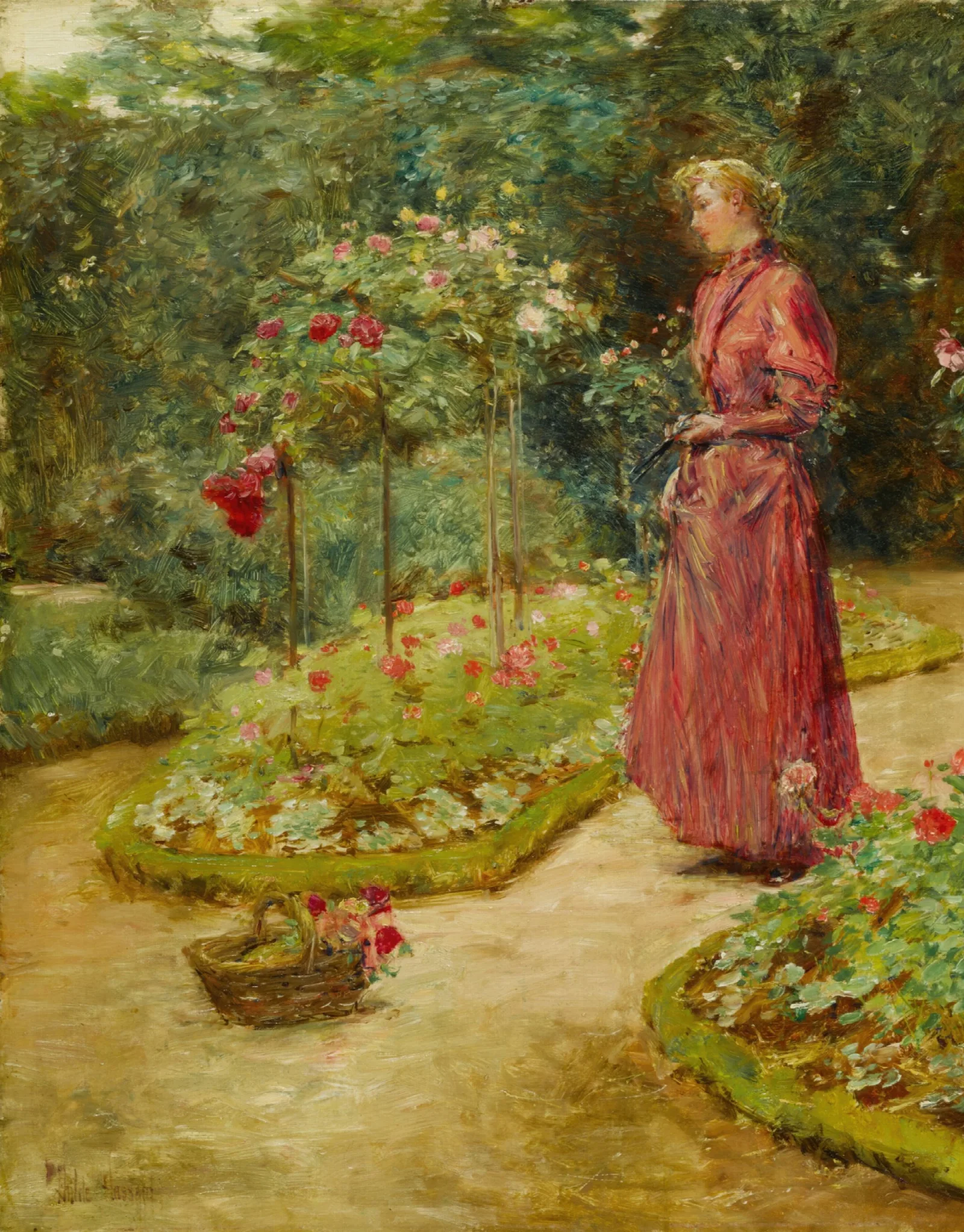 Woman Cutting Roses In A Garden Wall Art by Childe Hassam - Canvas Print