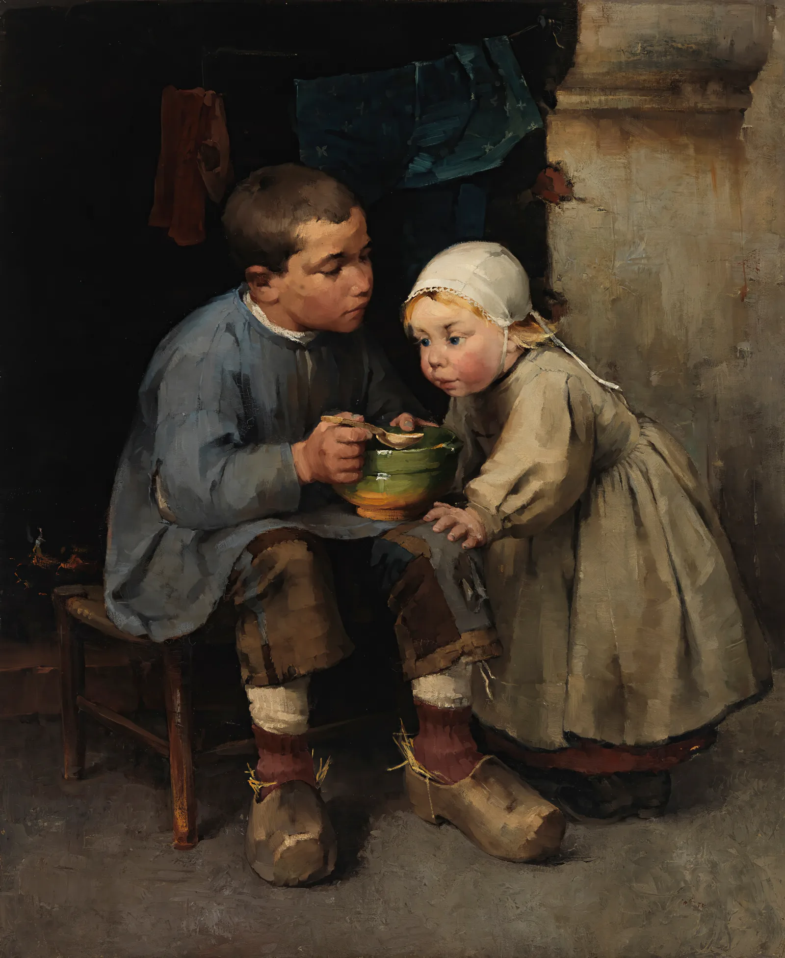 A Boy Feeding His Little Sister Wall Art by Helene Schjerfbeck - Canvas Print