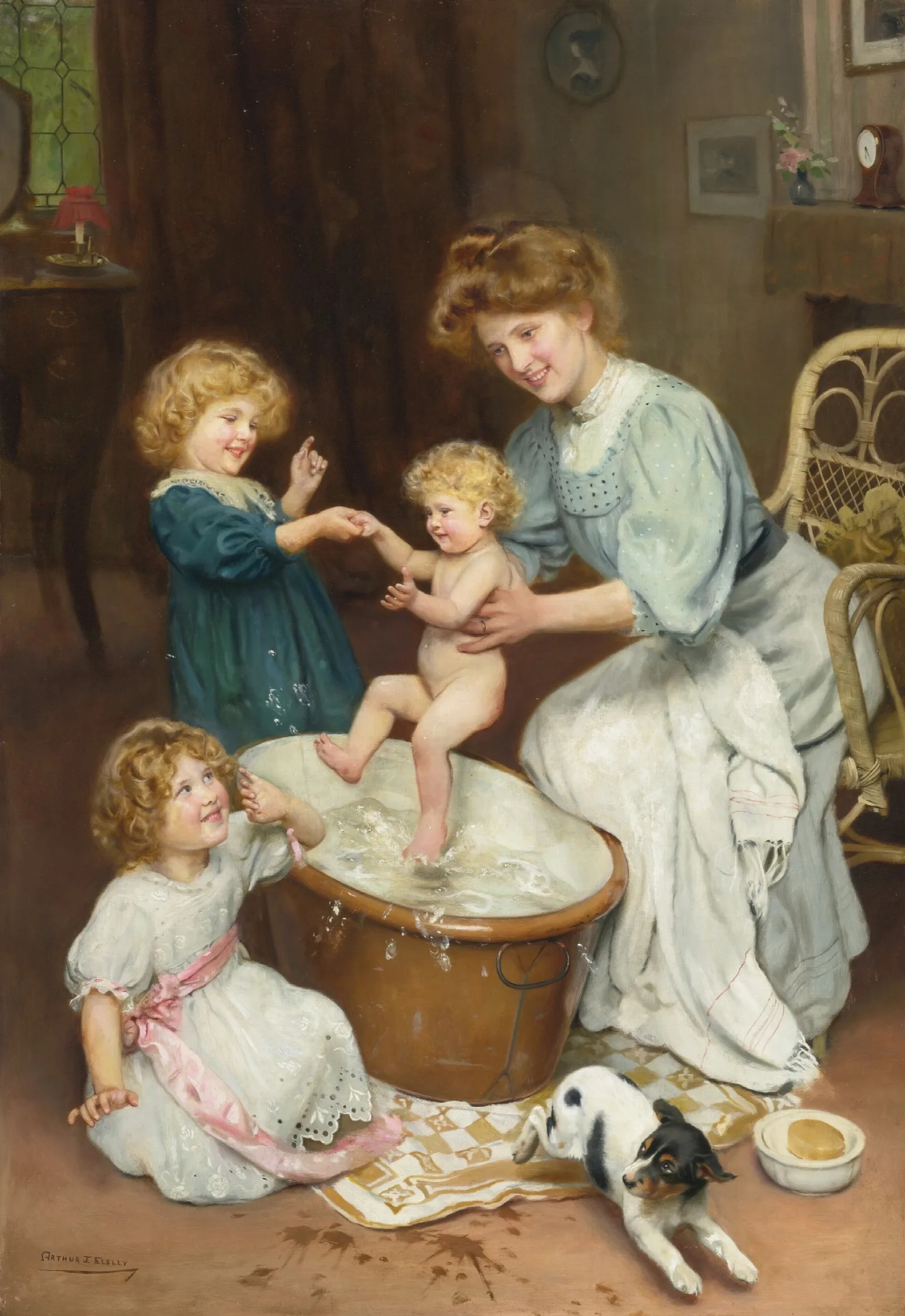 Babys Bath Time Wall Art by Arthur John Elsley - Canvas Print