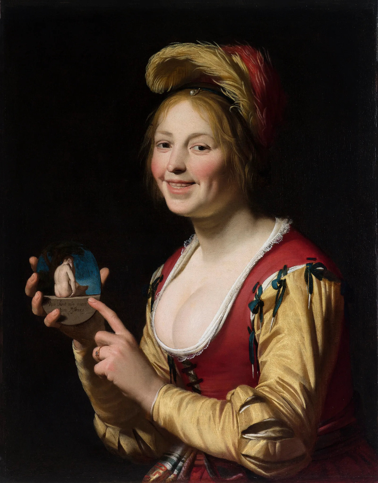 Smiling Girl A Courtesan Holding An Obscene Image Wall Art by Gerard van Honthorst - Canvas Print