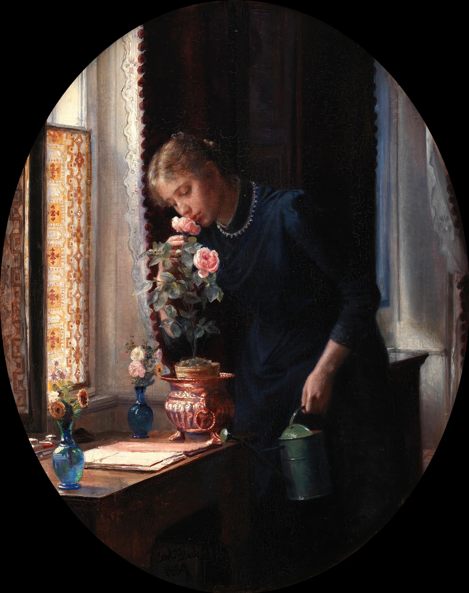 En Ung Pige Der Lugter Til En Rose Wall Art by Carl Bloch - Canvas Print