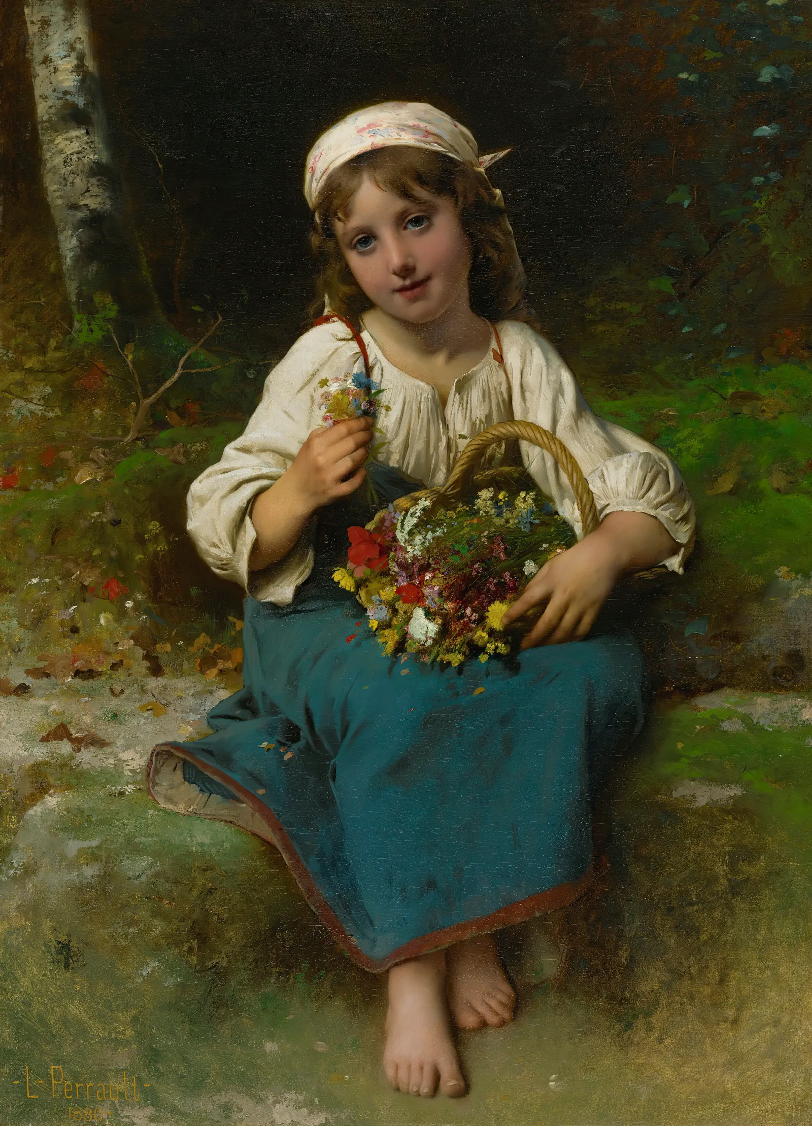 Young Girl With A Basket Of Flowers 2 Wall Art by Léon-Jean-Basile Perrault - Canvas Print