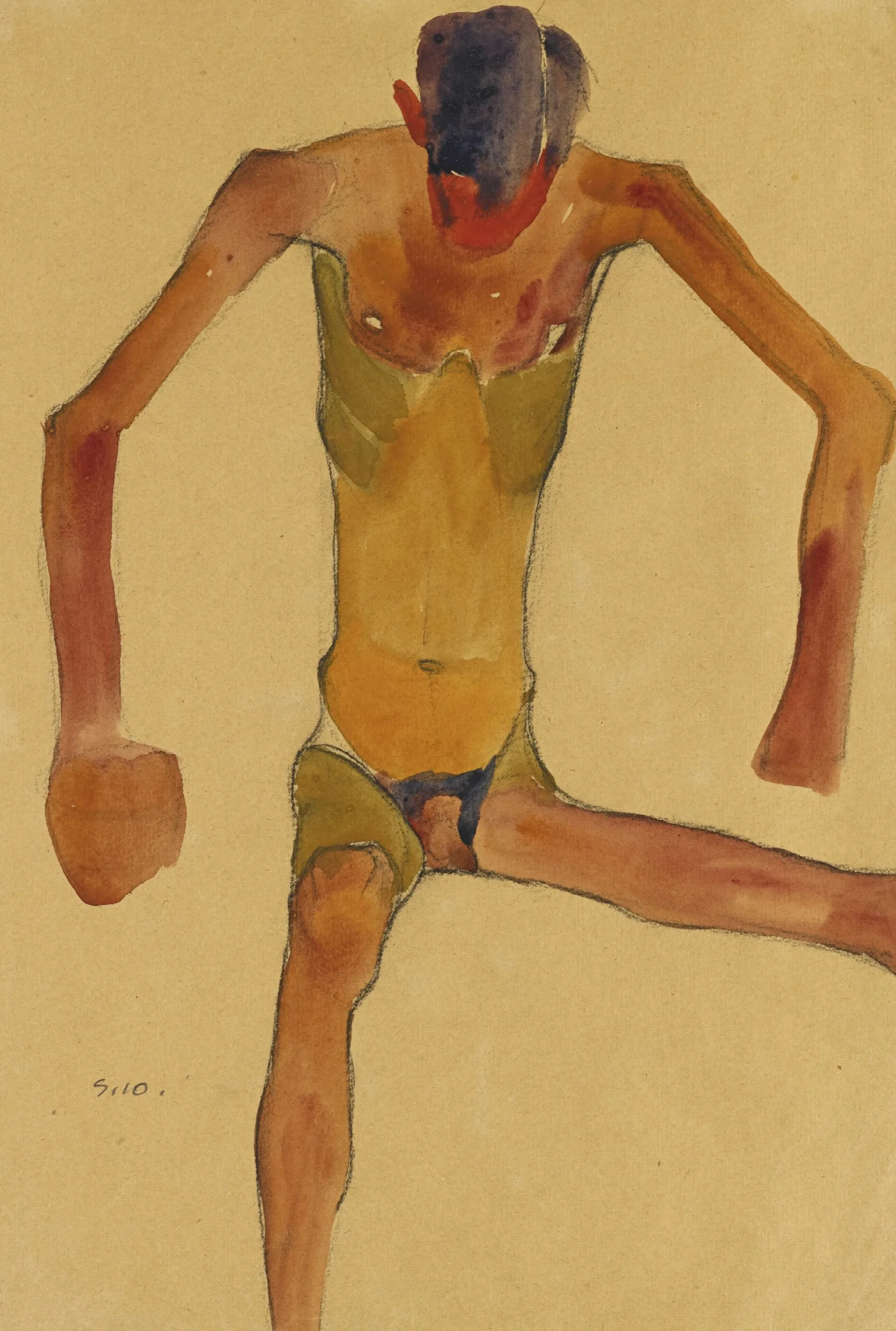 Sitzender Mannlicher Akt Mit Gesenktem Kopf Seated Male Nude With Lowered Head Wall Art by Egon Schiele - Canvas Print