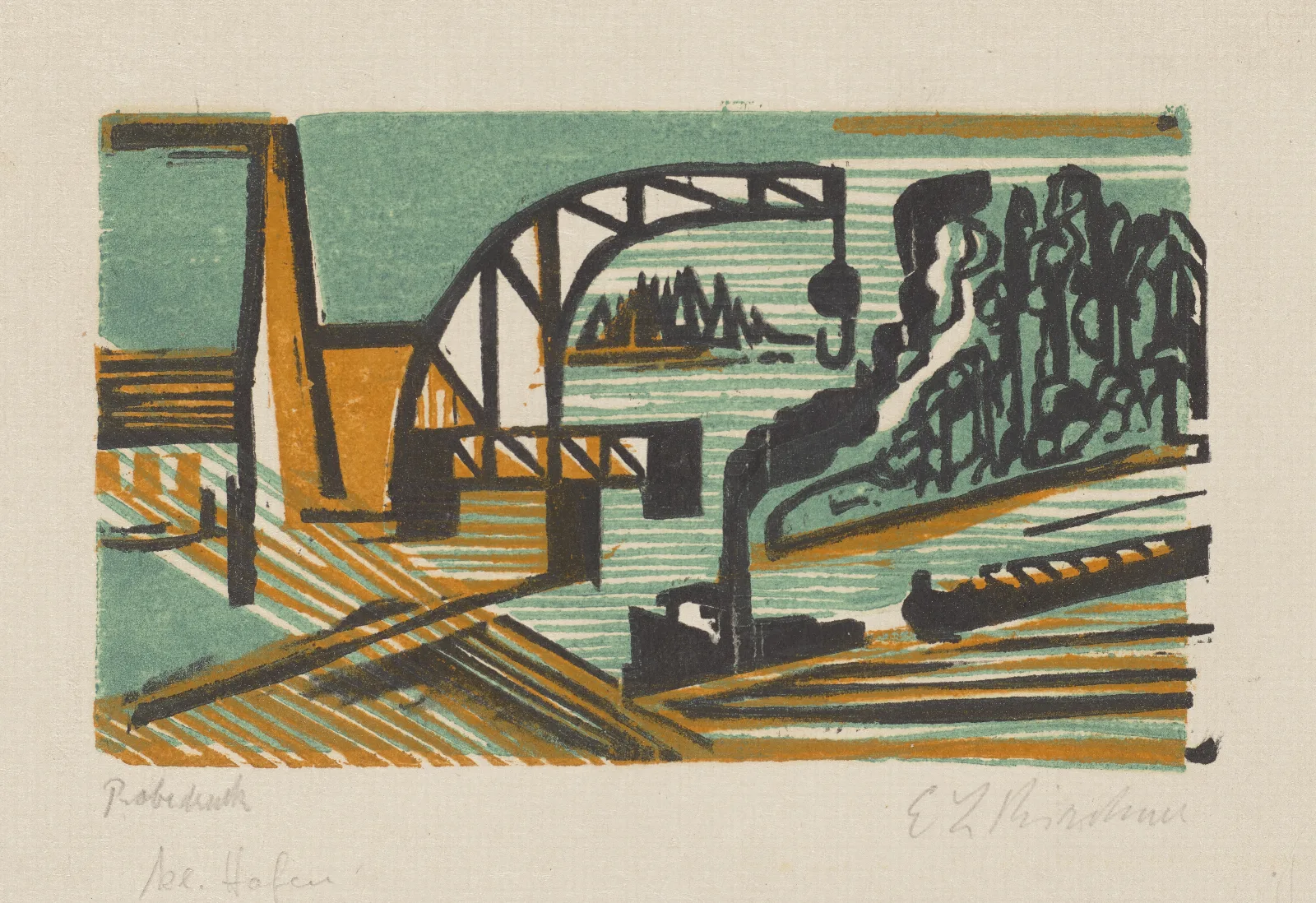 Flusslandschaft Mit Kran Und Schleppzug Wall Art by Ernst Ludwig Kirchner - Canvas Print