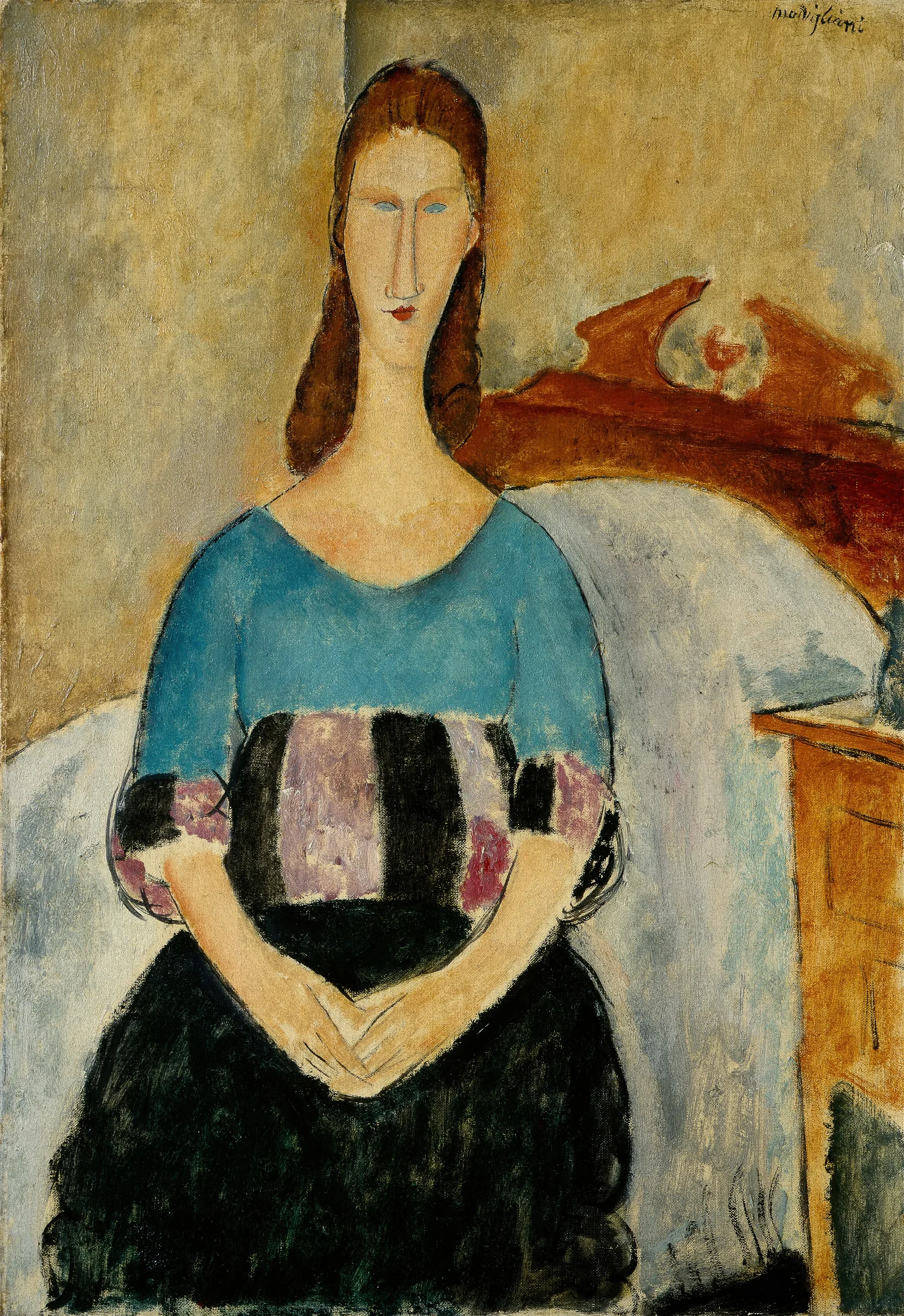Portrait Of Jeanne Hebuterne Seated Wall Art by Amedeo Modigliani - Canvas Print