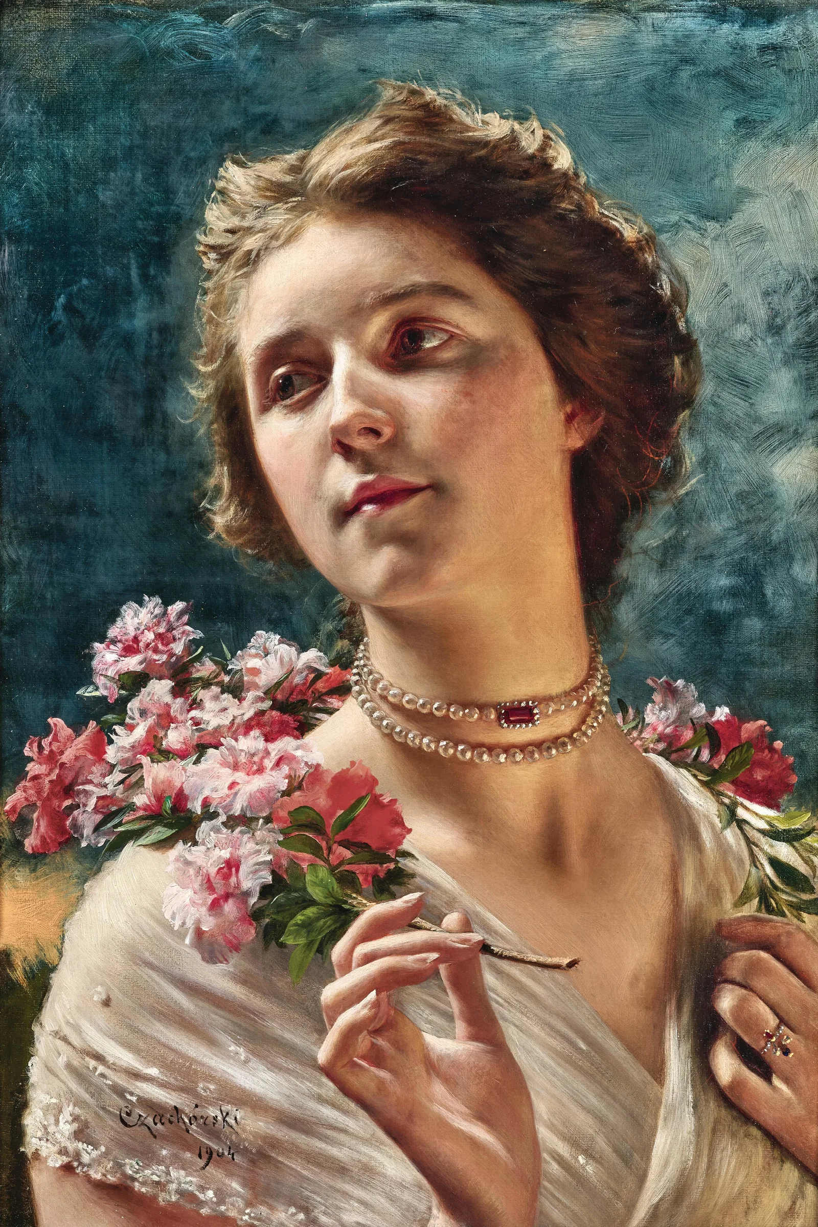 A Young Lady With A Floral Garland Draped Over Her Shoulders And A Pearl Necklace Wall Art by Władysław Czachórski - Canvas Print
