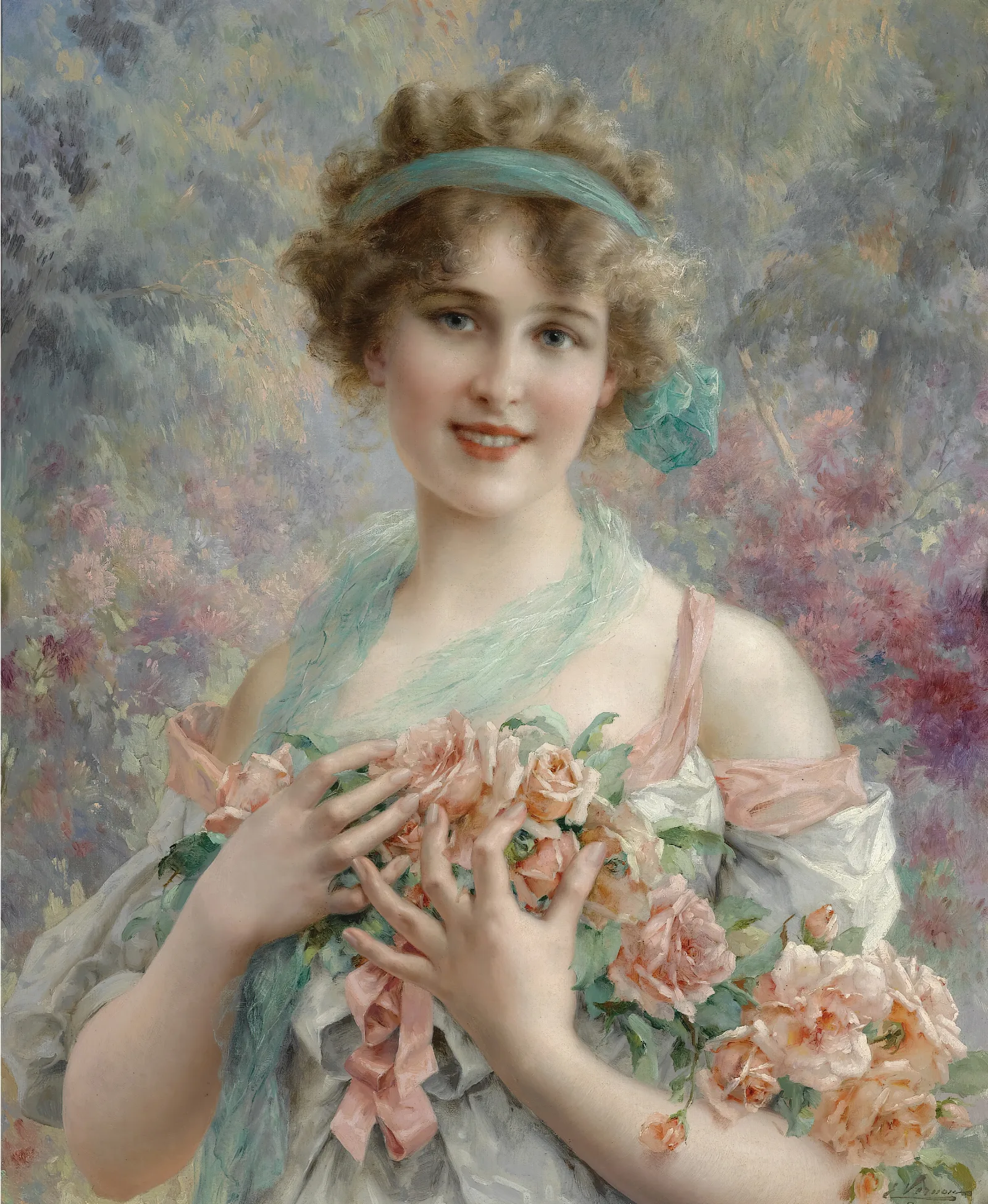Fille Aux Roses Emile Vernon Wall Art by Emile Vernon - Canvas Print