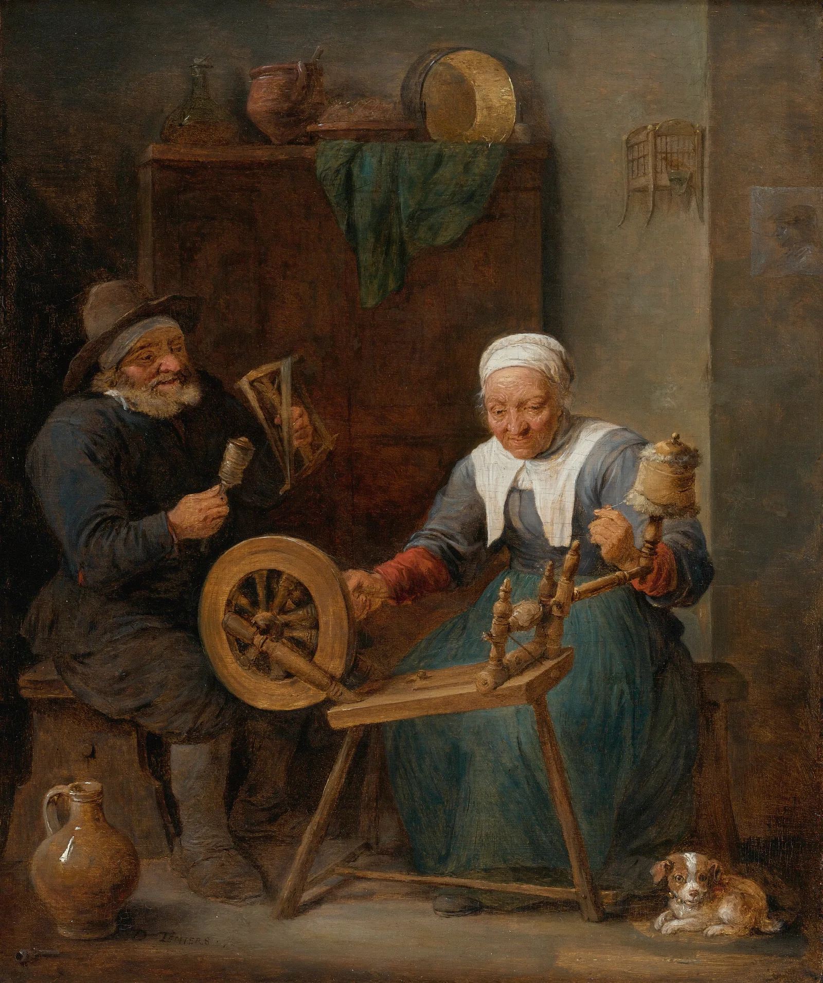 An Elderly Couple Spinning Wool In An Interior Wall Art by David Teniers The Younger - Canvas Print