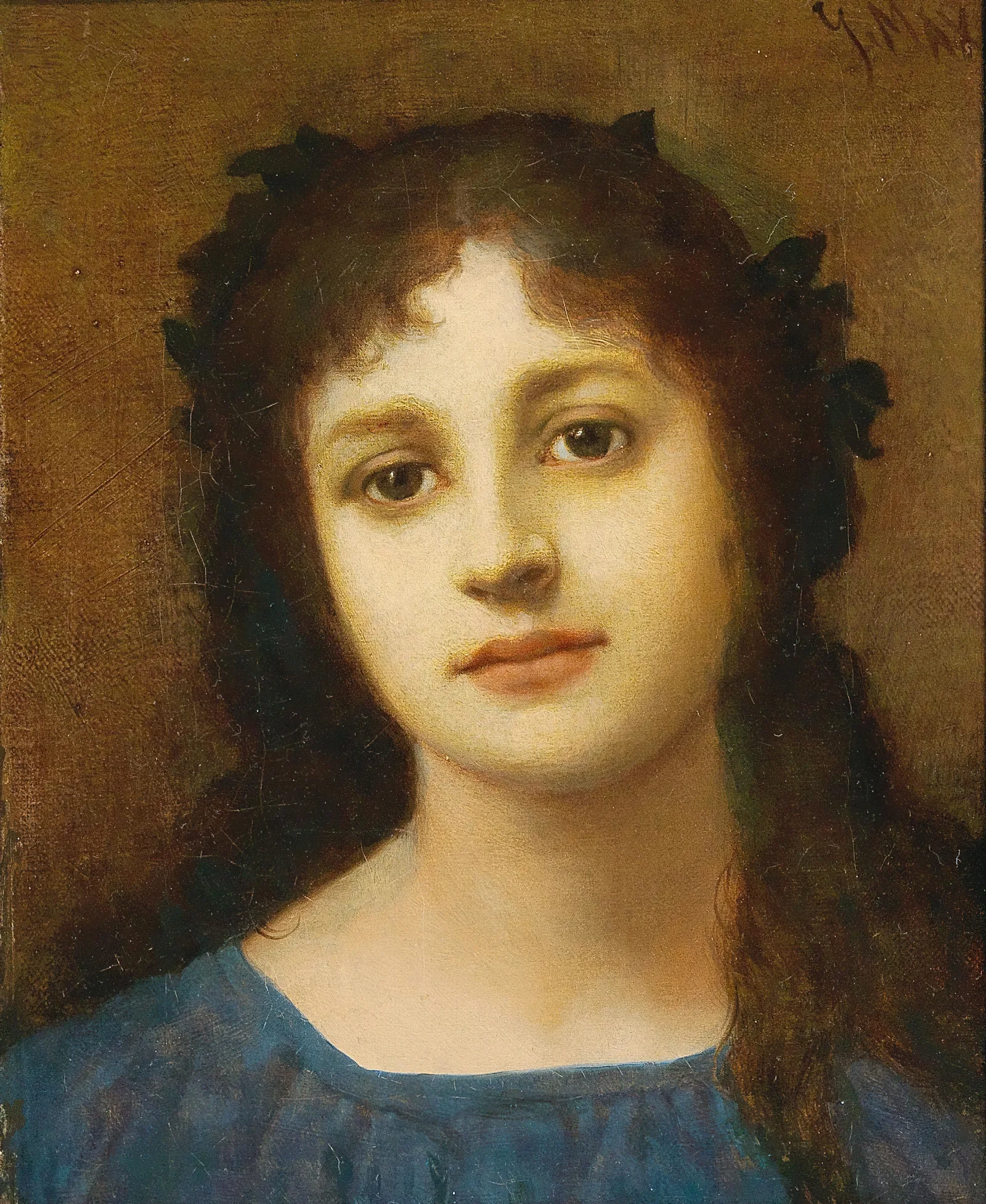 Girl With Vine Leaves In Her Hair Wall Art by Gabriel von Max - Canvas Print