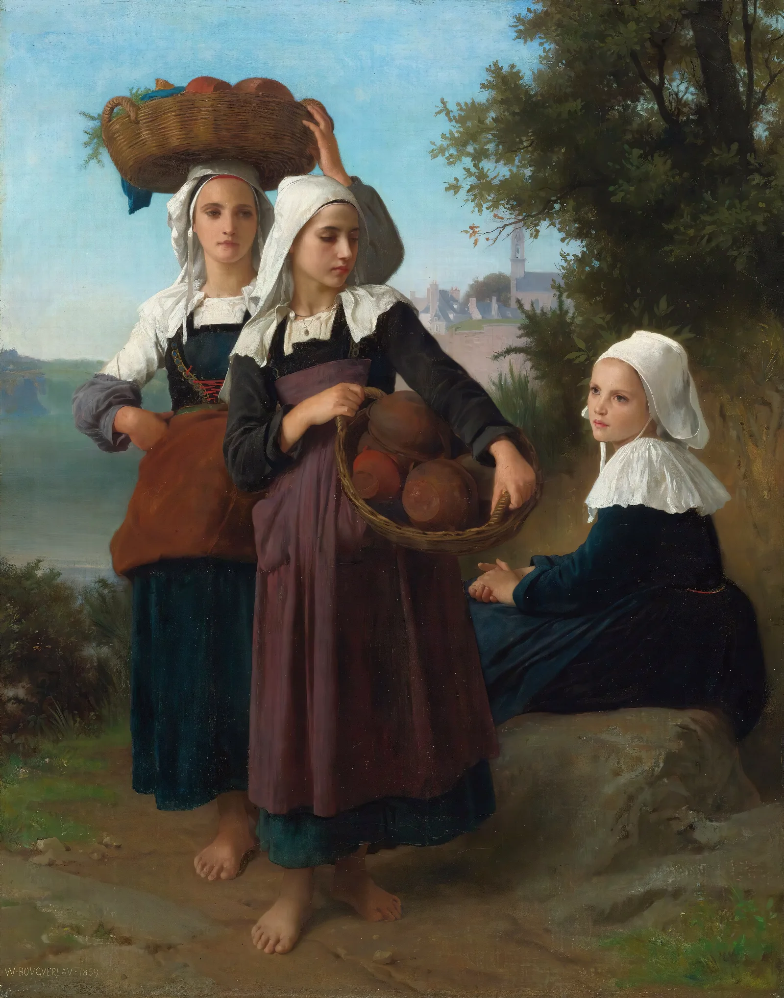 Fouesnant Girls Returning From The Market Wall Art by William Bouguereau - Canvas Print
