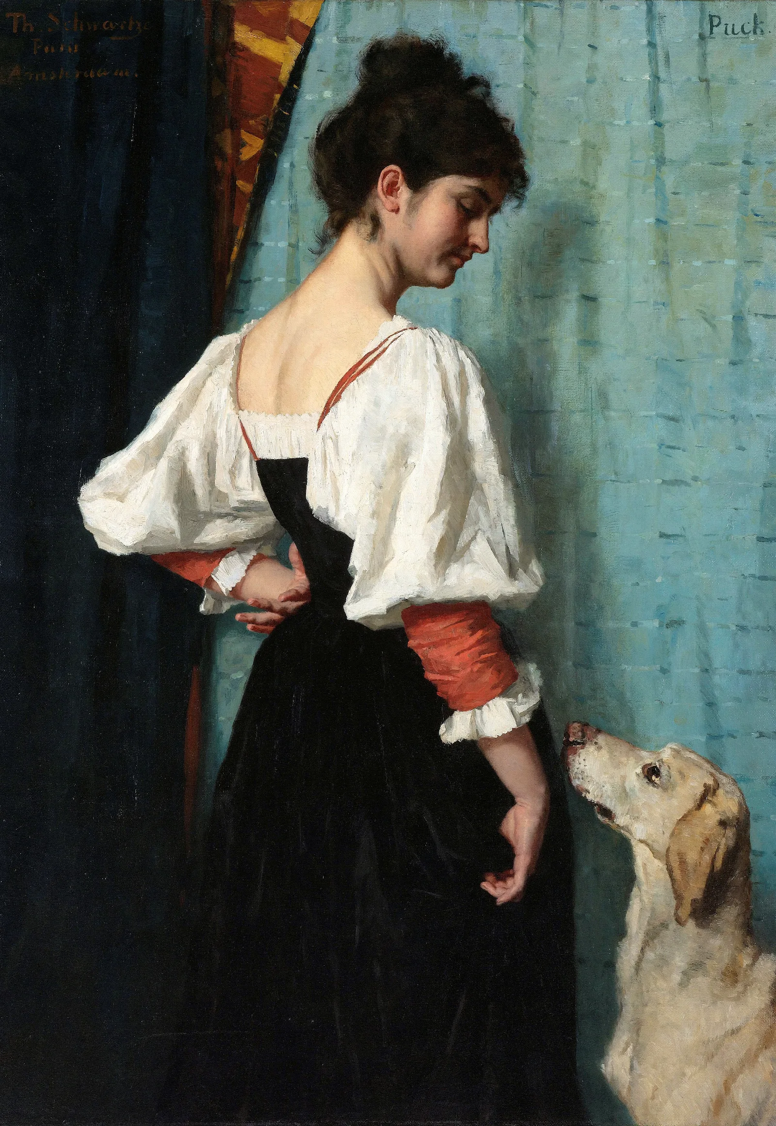 Portrait Of A Young Woman With Puck The Dog Wall Art by Thérèse Schwartze - Canvas Print