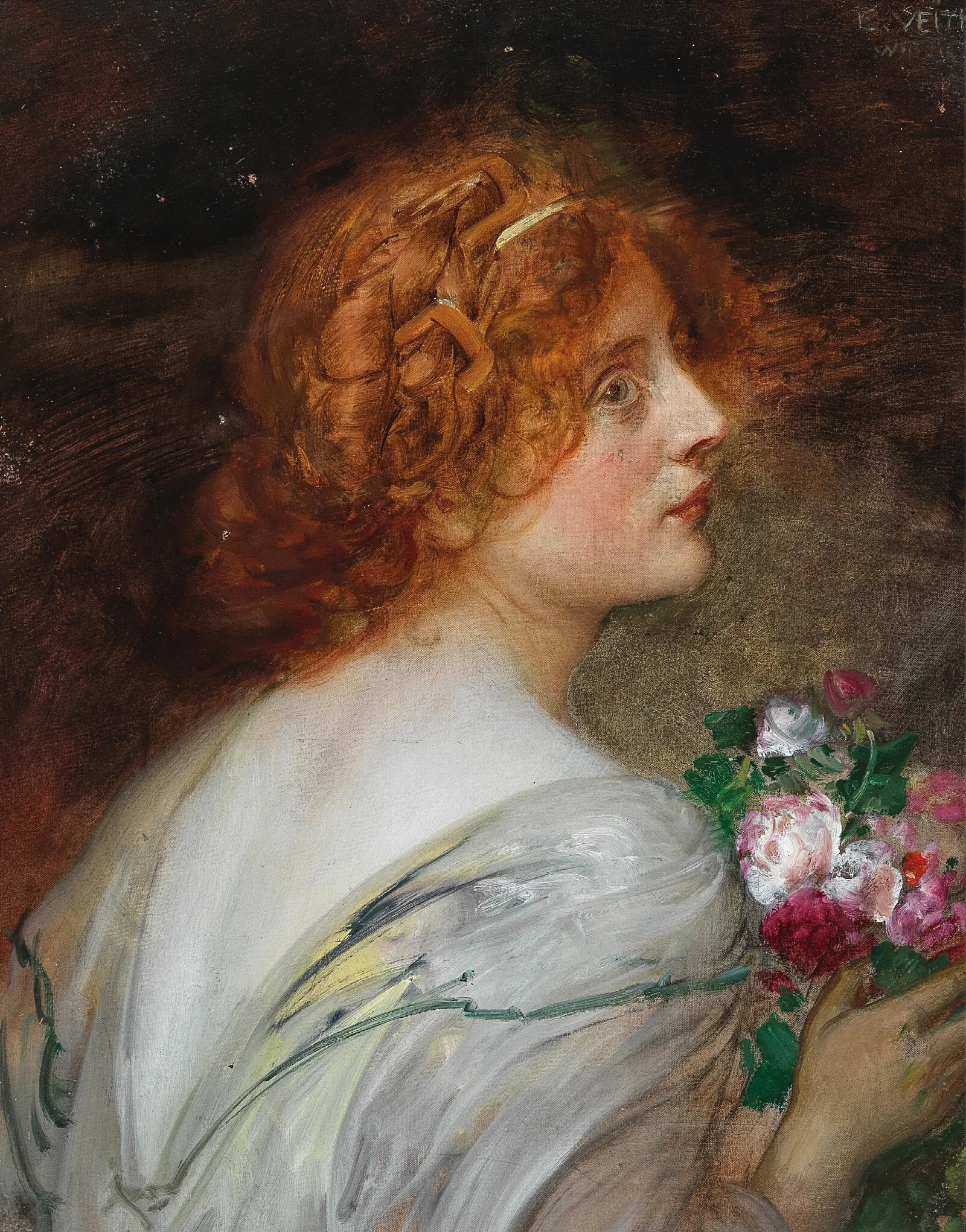 Back View Of A Young Woman In Profile With A Bouquet Of Roses In Her Hands Wall Art by Eduard Veith - Canvas Print