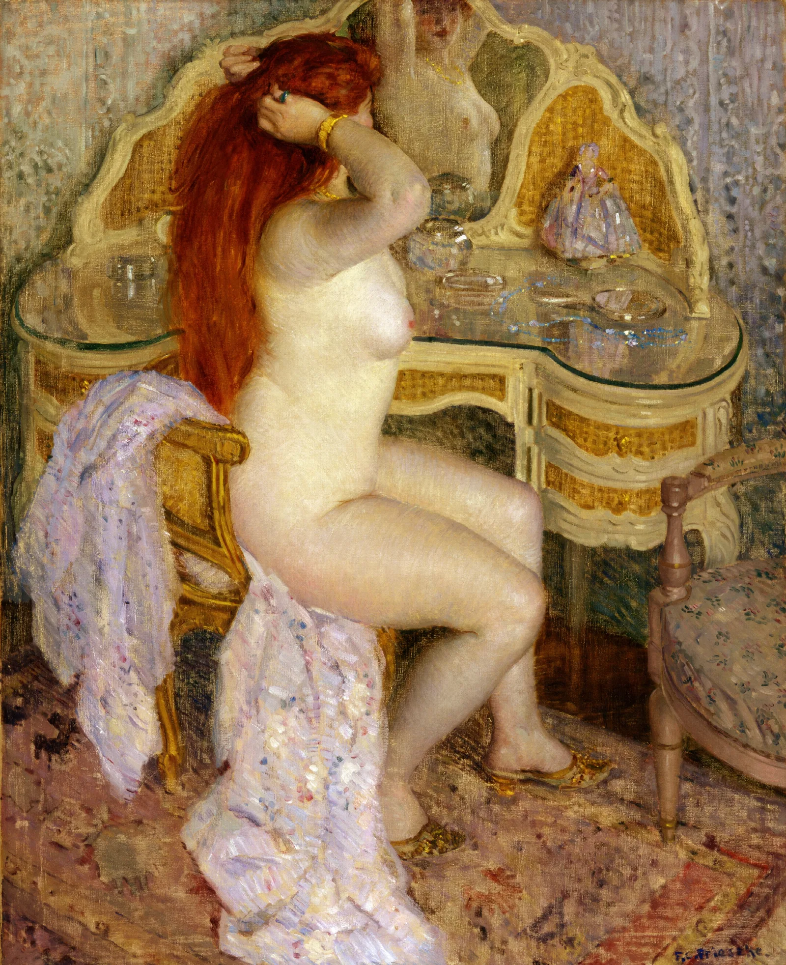 Nude Seated At Her Dressing Table Wall Art by Frederick Carl Frieseke - Canvas Print