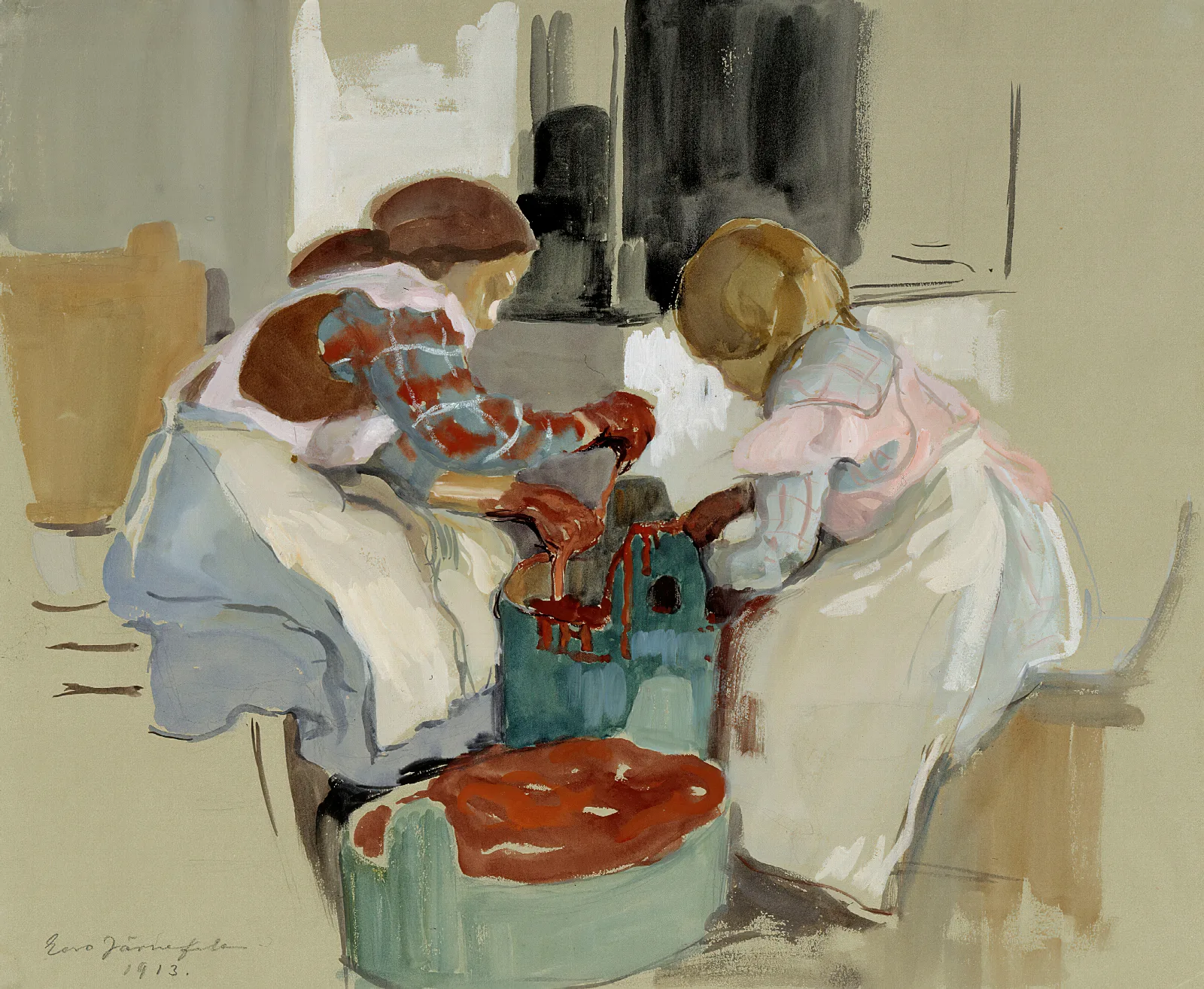 Two Girls Dyeing Fabric Wall Art by Eero Järnefelt - Canvas Print