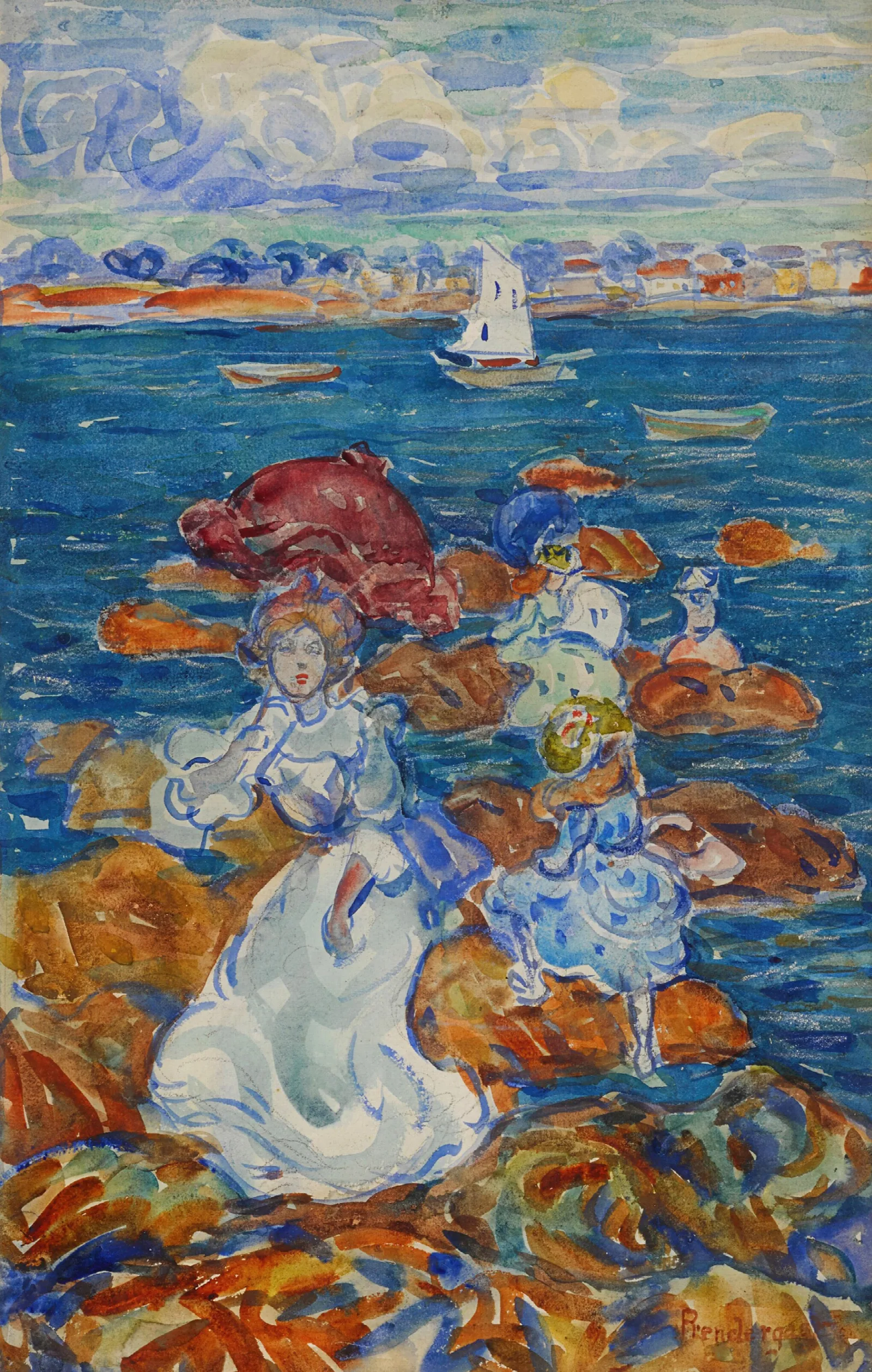 Low Tide Figures On Rocks Wall Art by Maurice Prendergast - Canvas Print