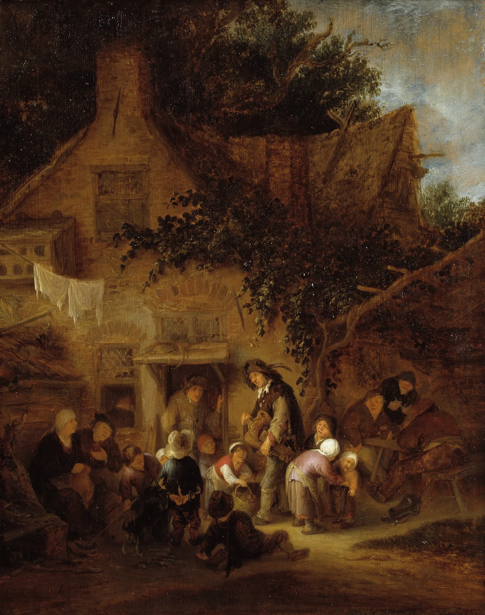 The Organ Grinder Outside A Cottage Wall Art by Adriaen van Ostade - Canvas Print