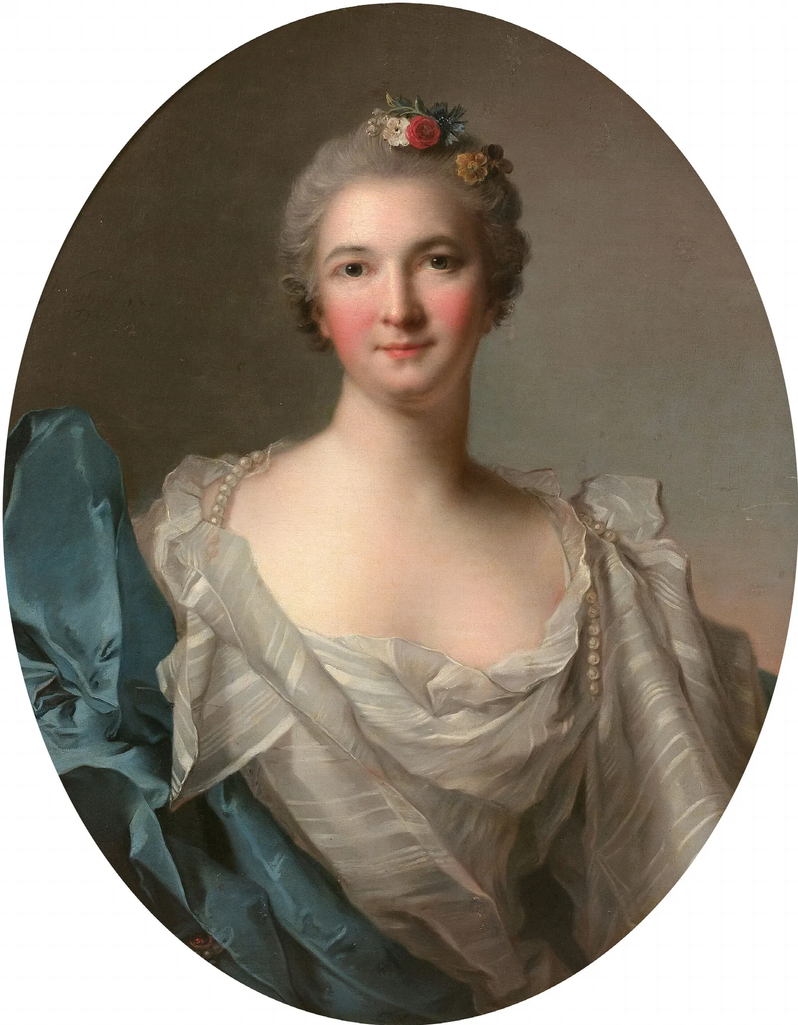 Portrait Dune Dame De Qualite A La Robe Blanche Et Au Drape Bleu Wall Art by Jean-Marc Nattier - Canvas Print