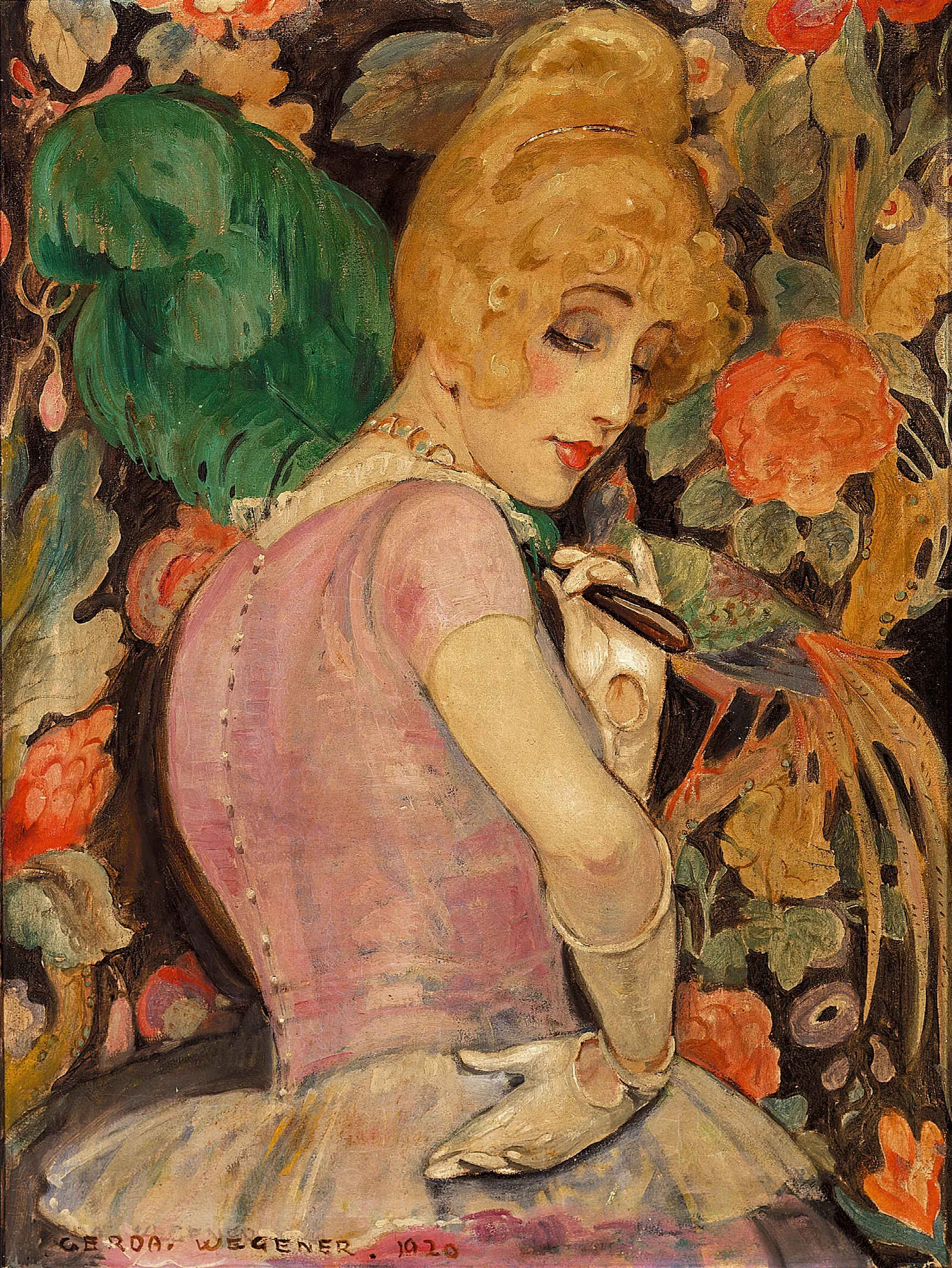Portraet Af Lili Elbe Med Gron Fjervifte Wall Art by Gerda Wegener - Canvas Print