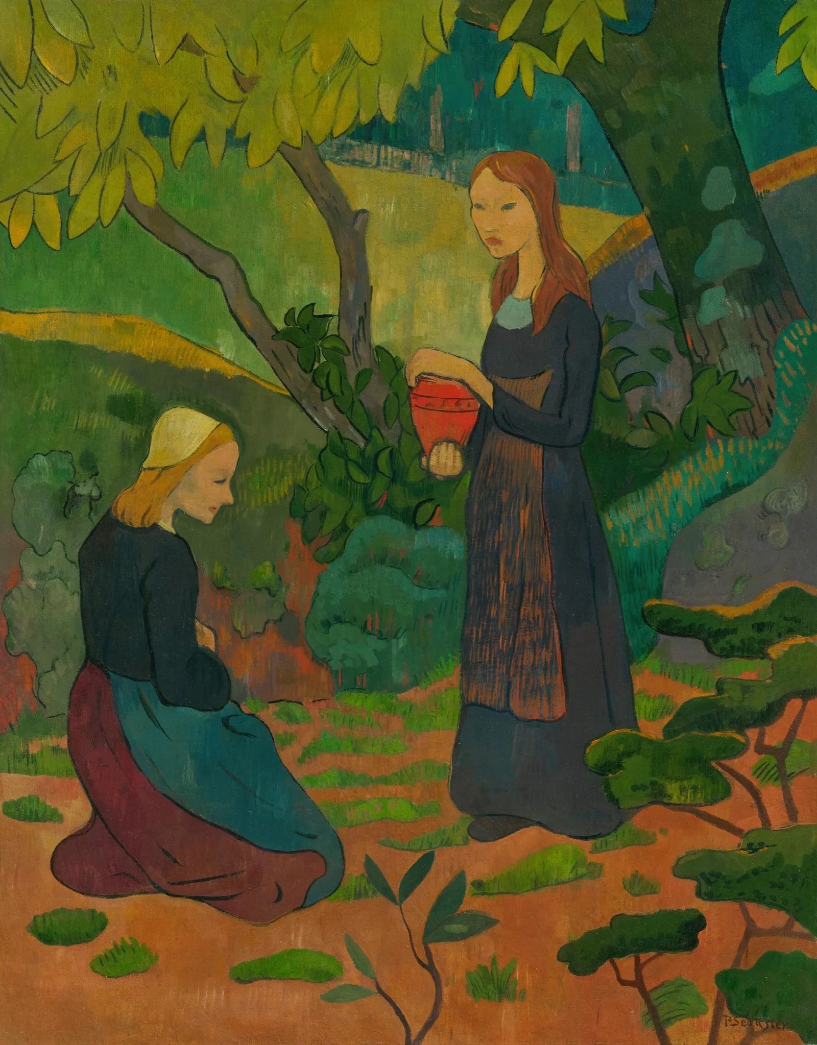Jeune Bretonne Au Pot Vermillon Et Fillette Agenouillee Wall Art by Paul Sérusier - Canvas Print